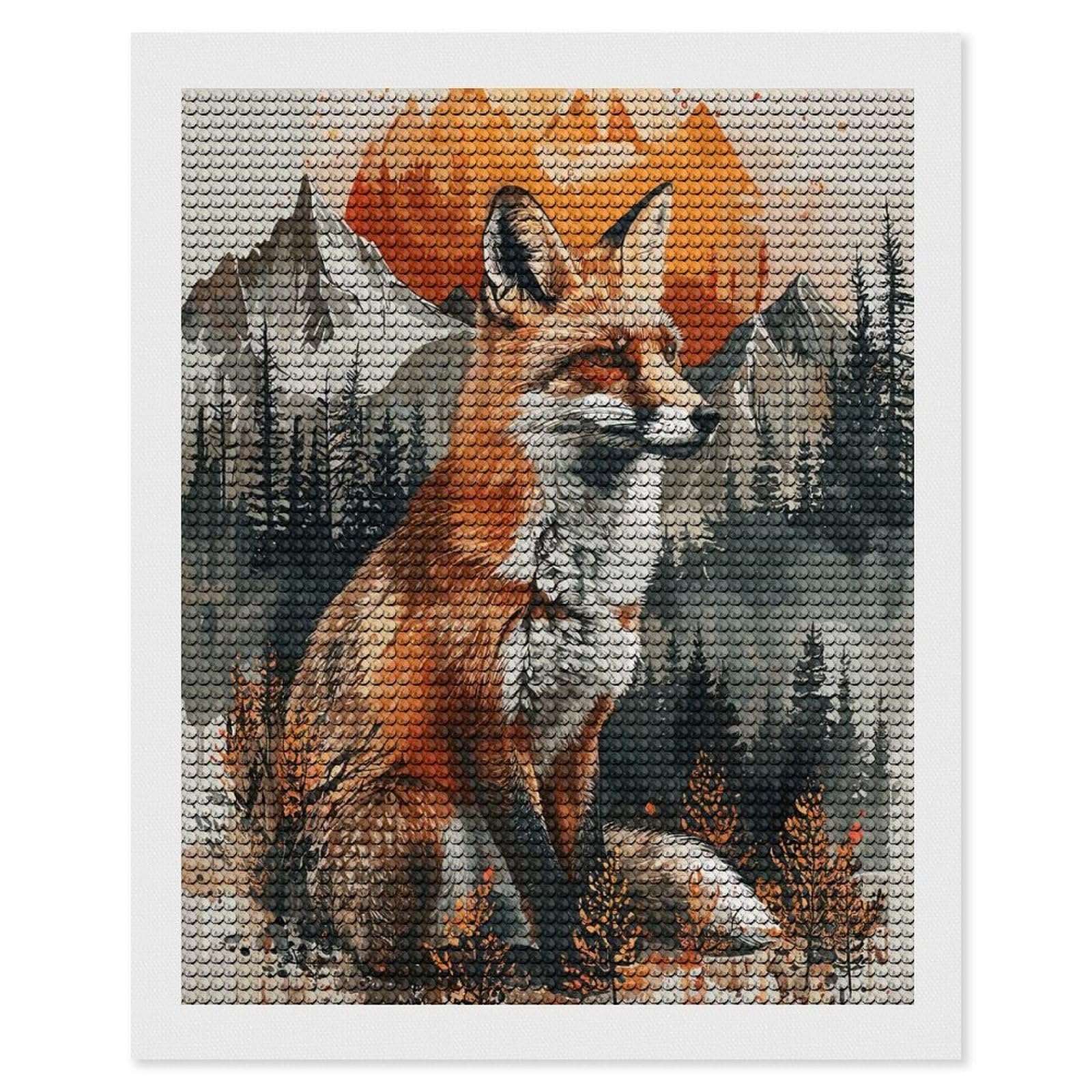 Junmoney Fox Sunset Watercolor Diamond Art Kit 16"x20", Holiday Gift Idea, for Women, Easy Handmade Project, Vintage Style Decor, Printed Canvas