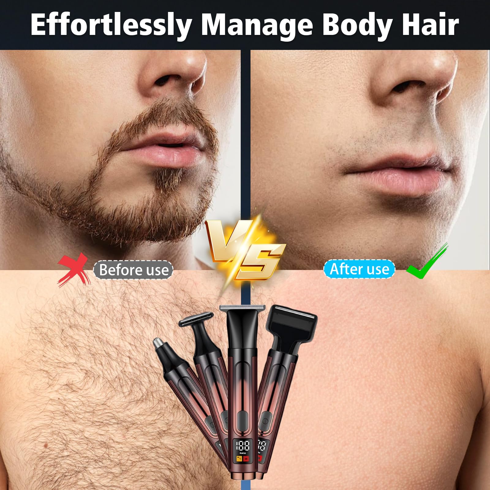 Rasoio elettrico da uomo, 4 in 1, kit per la cura del corpo, con manico di prolunga regolabile, impermeabile, senza fili, USB, per la cura del corpo privato, barba, schiena, naso