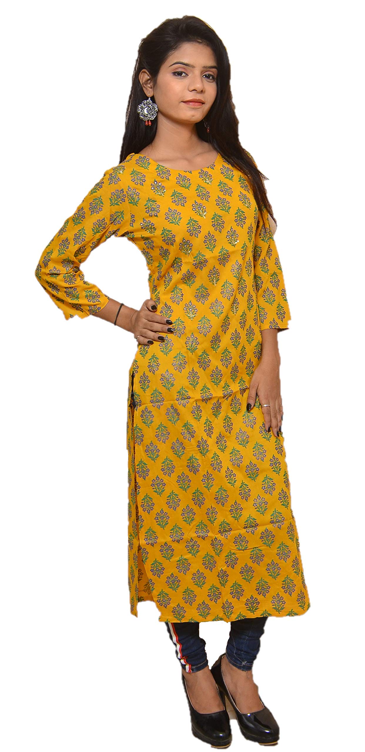 StyleOceanWomen's Casual & Formal Printed Rayon Kurti (Yellow, 38 40 42 44 & 46 Sizes)