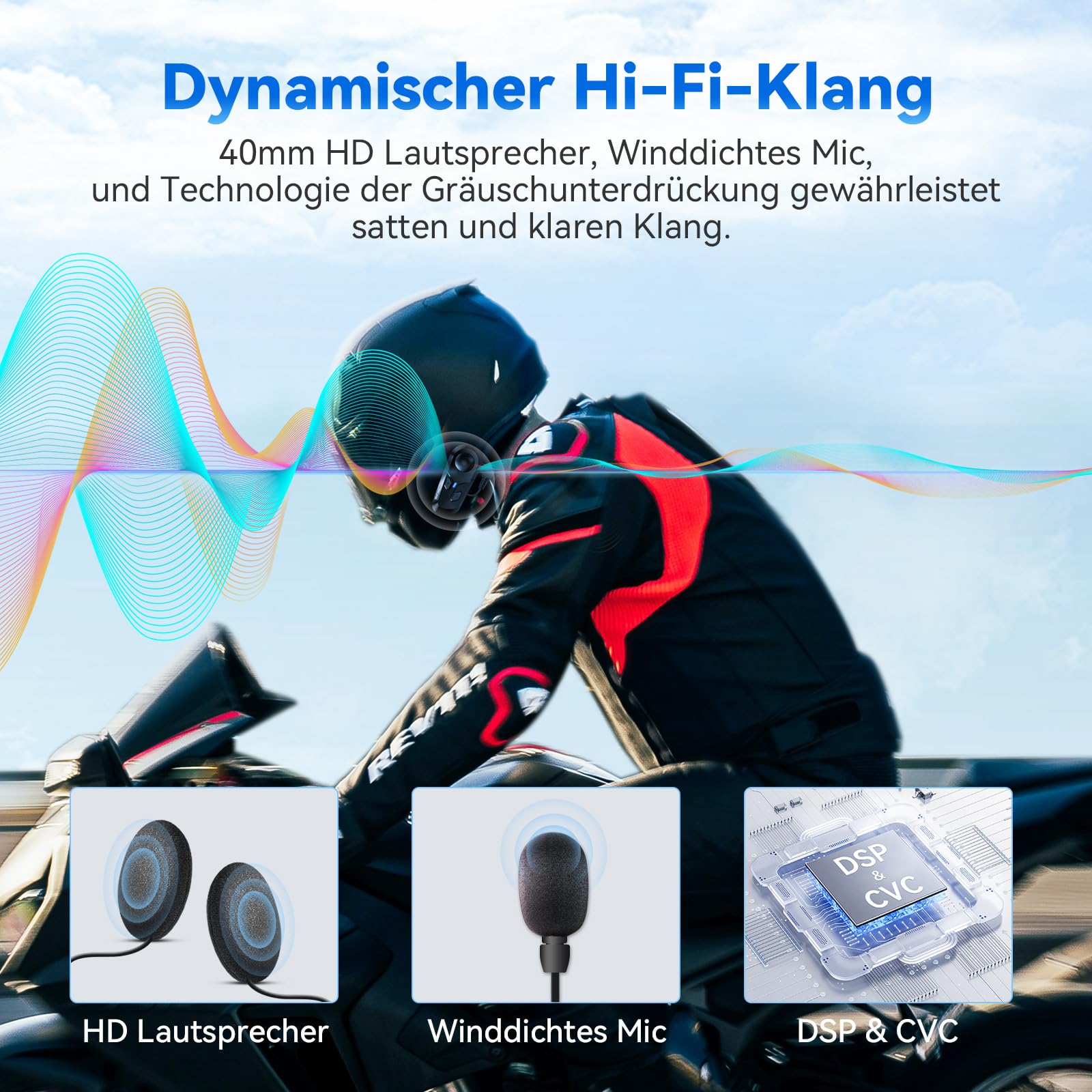 L1 Casques Bluetooth Moto avec Assistant Vocal, Écouteur Bluetooth pour Écouter Musique, GPS, Appels, Réduction du Bruit DSP/CVC, Haut-Parleur HiFi 40mm, étanche IP67