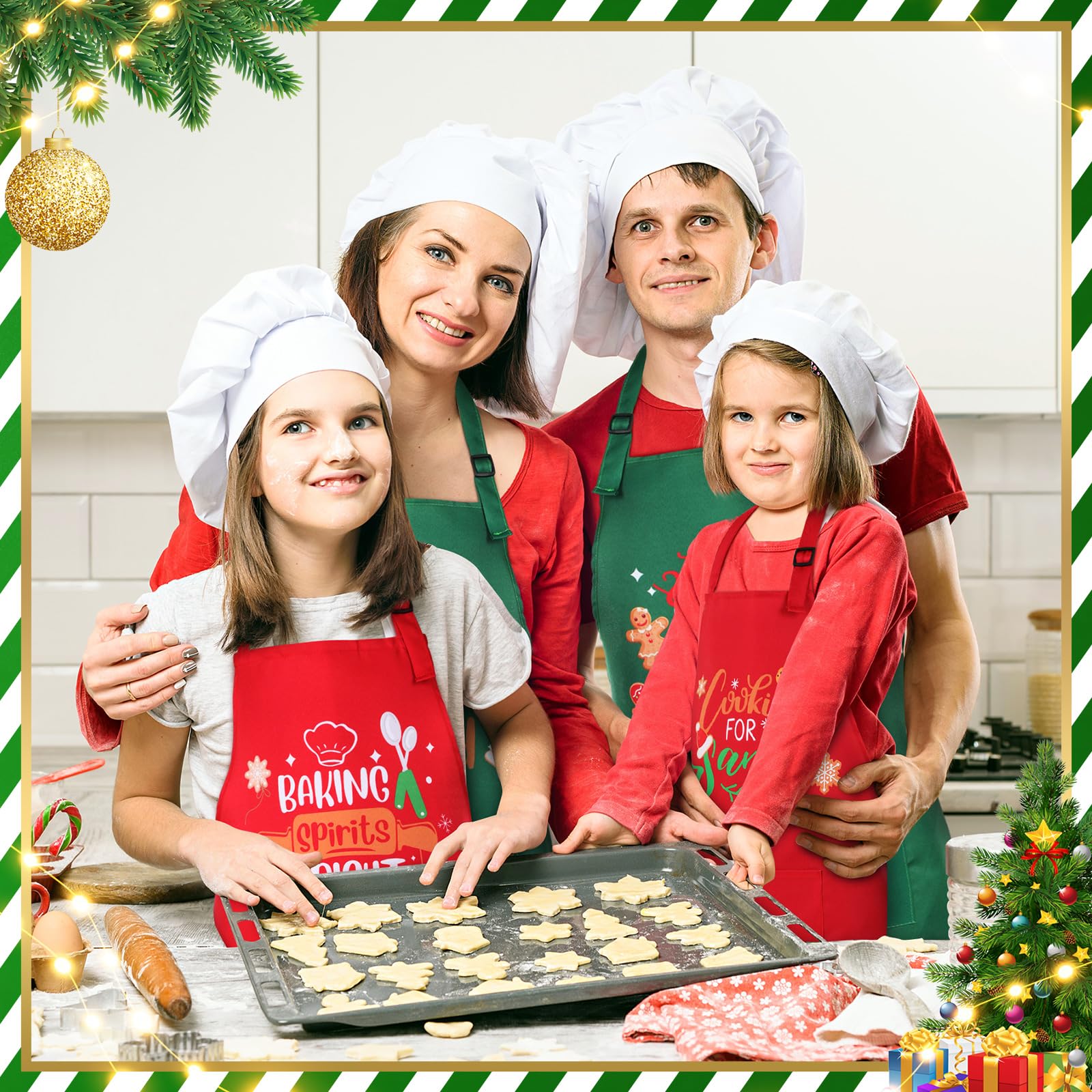 8 delantales de Navidad a juego con bolsillo, delantal de cocina de Navidad, delantales de cocina, delantales divertidos para galletas, regalo para familia, esposa, marido, pareja, Verde,