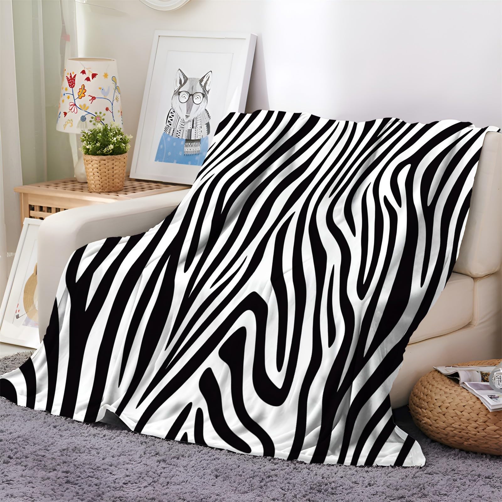 Plaid couverture polaire zèbre 180x200 cm en microfibre flanelle pour lit