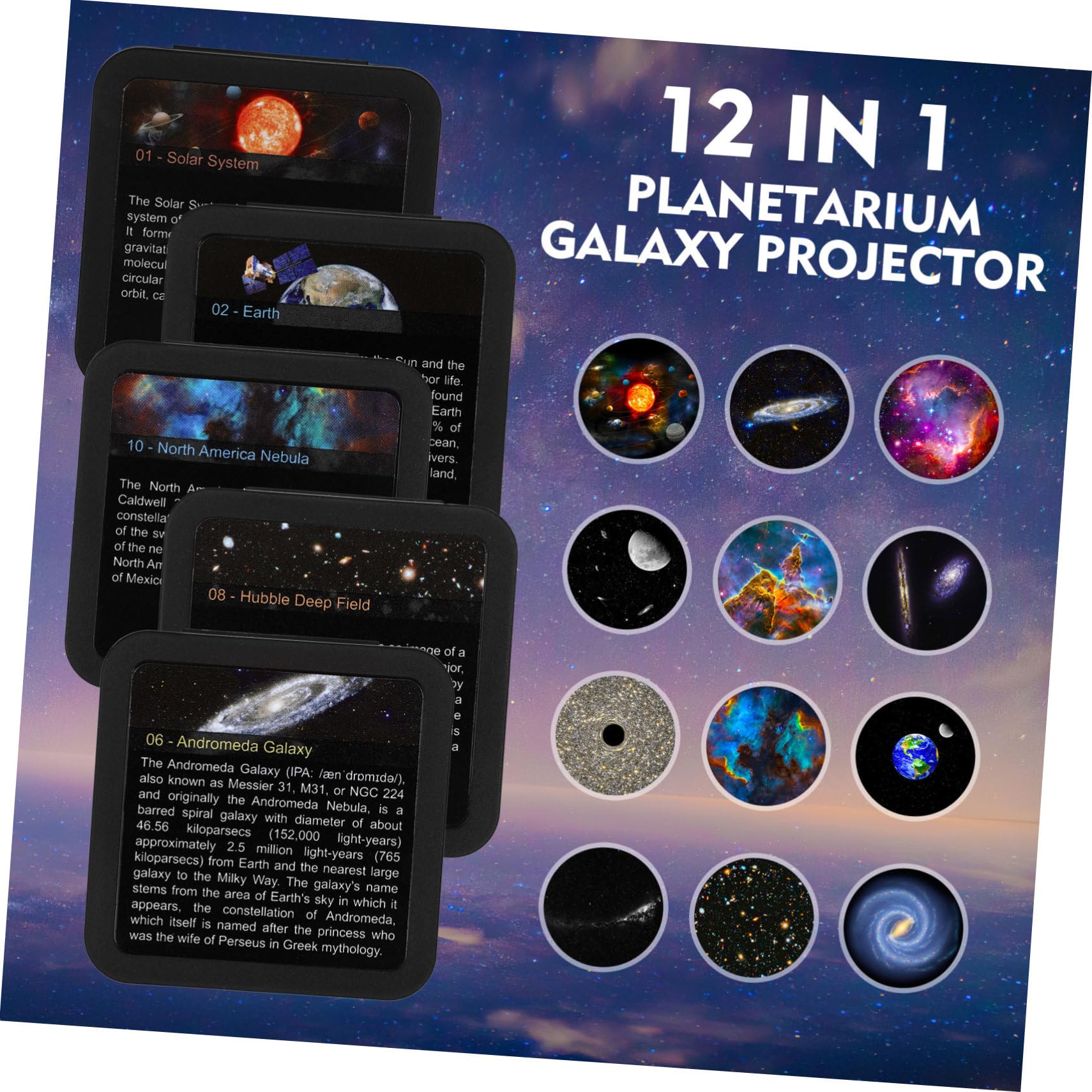 Angoily Proyector de Estrellas 1 Juego Abs PC con 12 Discos para Dormitorio | Luz Nocturna, Patrones Luna y Nebulosa, Cable USB Incluido, Giro 12 por Vuelta, Ruido bajo 30 Db