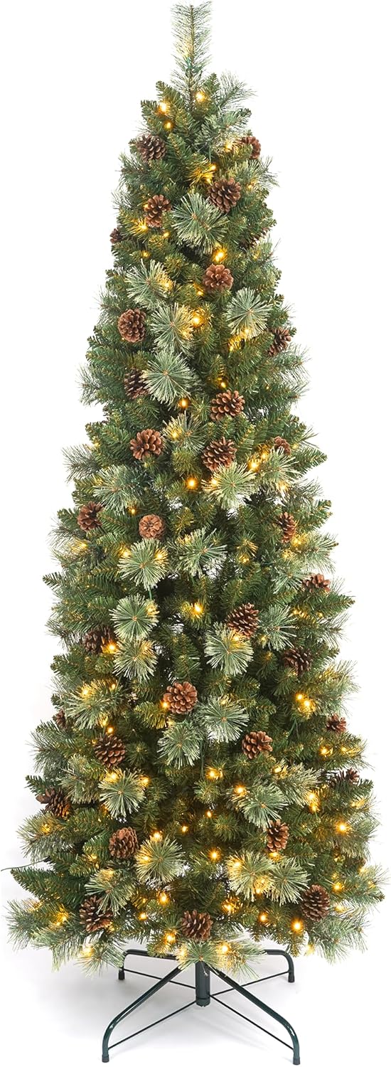 6.5 Ft Prelit Christmas Tree, Artificial Pencil Christmas Tree with 250 LED Lights, Pine Needles and Pine Cones Xmas Decoration for Home 6ft 6in