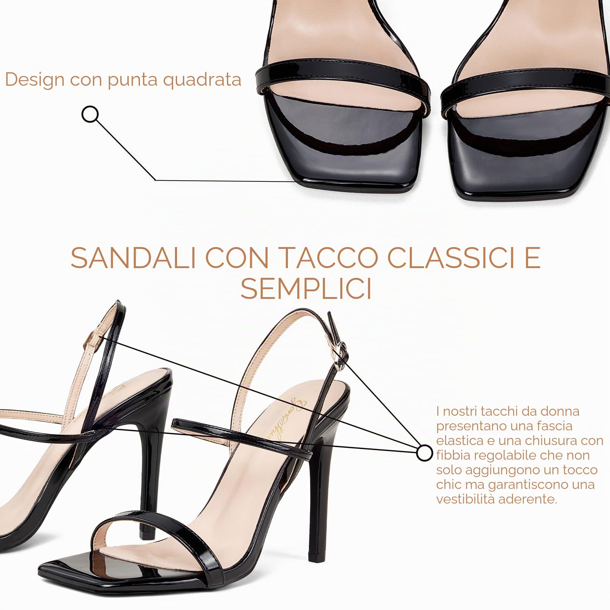 GENSHUO Sandali con Tacco da Donna 11CM con Punta Aperta Quadrata e Cinturino alla Caviglia, Tacco a Spillo Alto, Sandali da Cerimonia per Matrimonio e Festa