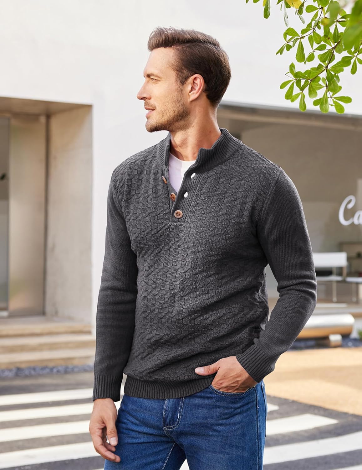 COOFANDY Men Mock Neck Button Sweater Casual Knitted Sweaters Fashion Henley Sweater - Image 4