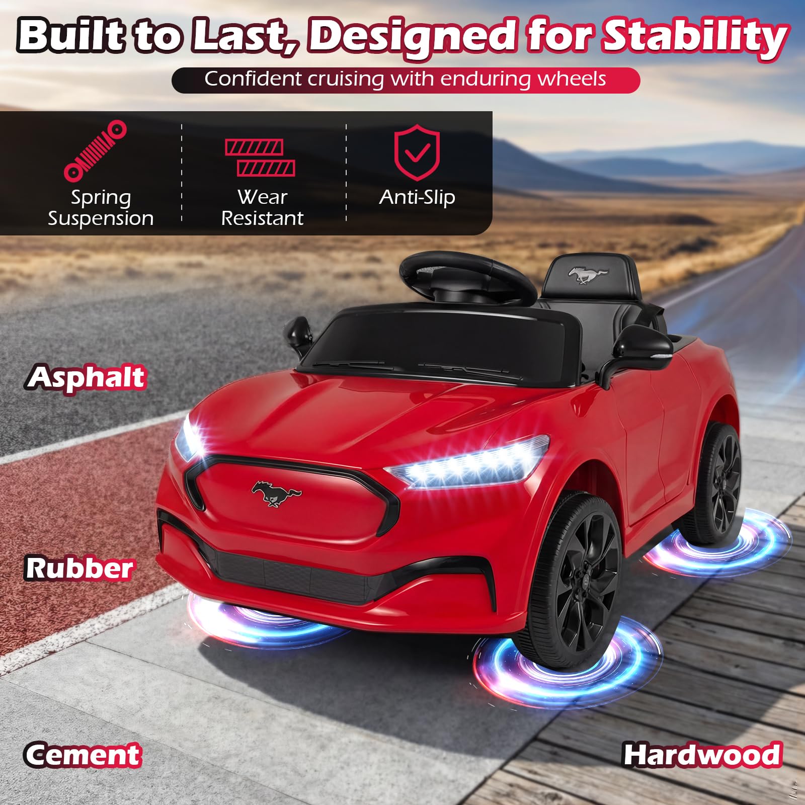 Costzon Ford Mach E - Veicolo elettrico per bambini con controllo genitori, luci LED, clacson, musica, connessione wireless e sospensioni a molla, giocattolo per bambini per ragazze e ragazzi (rosso)