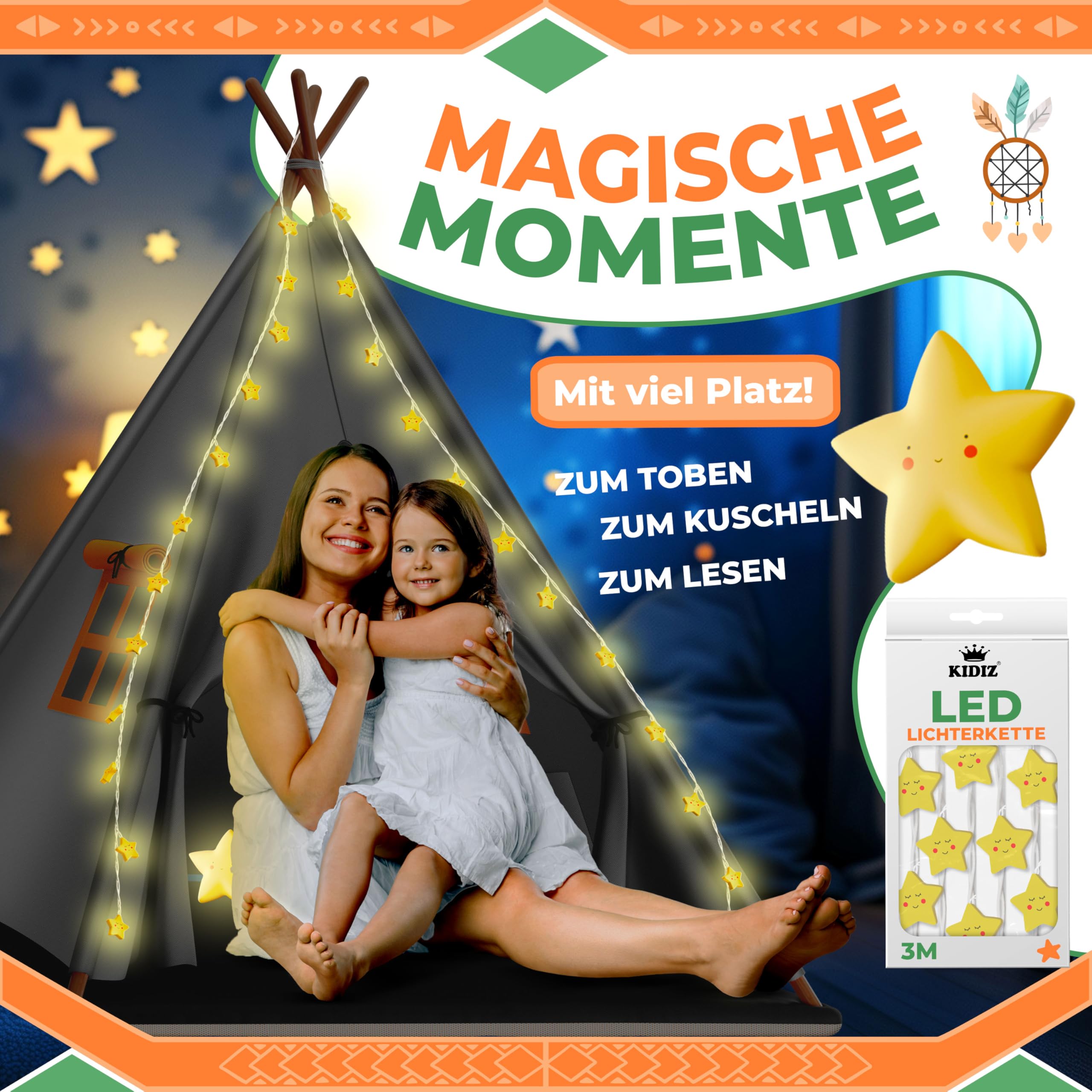 KIDIZ® Tipi Zelt für Kinder Spielzelt 100x100x160cm Kinderzelt aus Baumwolle mit LED-Lichterkette, Leuchtstern, Fahnengirlande, 3 Plüschtiere, Untermatte & Tragetasche Spielhaus für drinnen & draußen