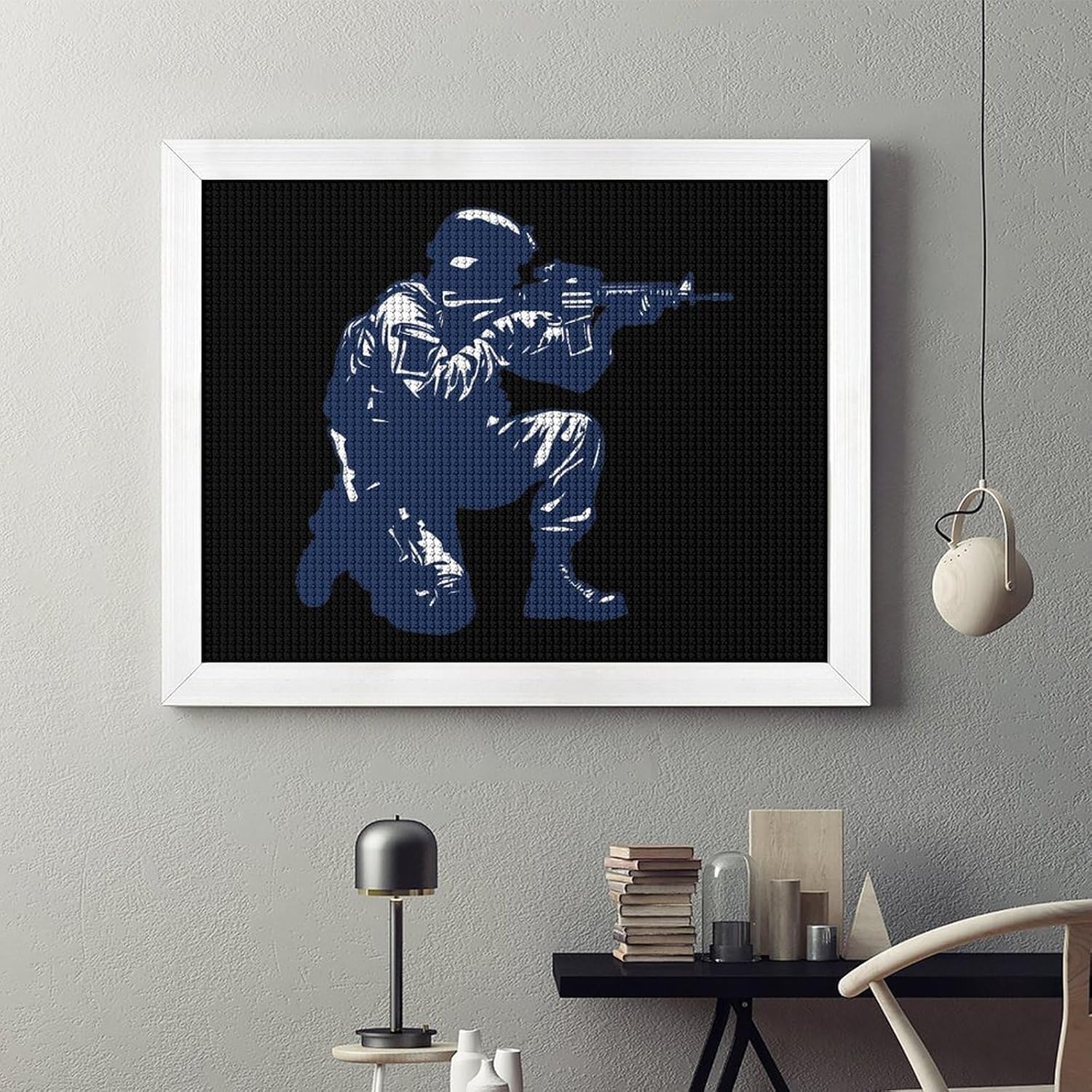 Shooting Silhouette Navy Blue Printed Diamond 5D Painting Kit 16x20in DIY Full Drill Craft with Tools for Home Wall Decor Gift White Wood 50 * 40cm