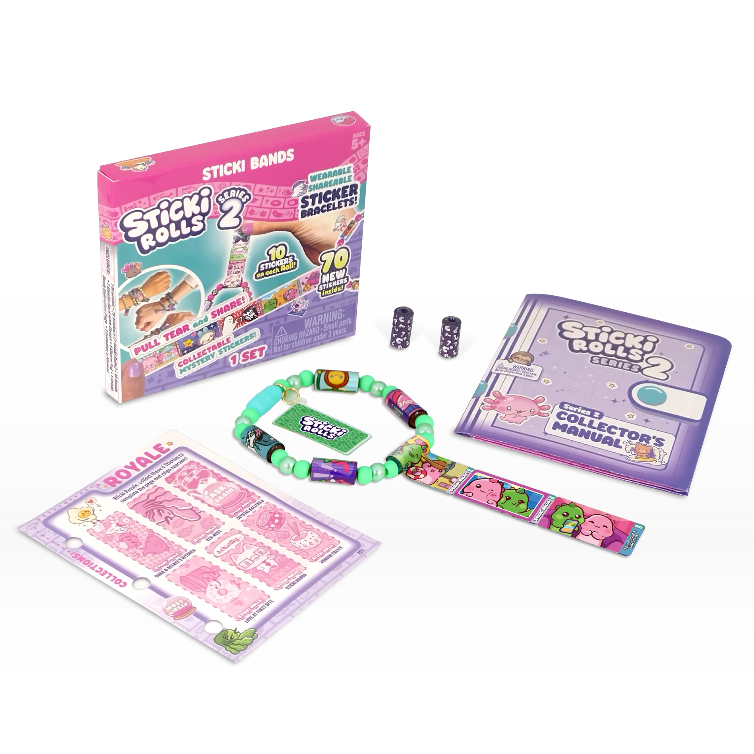 STICKI Rollsスティッキーバンド - オリジナルウェアラブル共有ステッカーブレスレット|ミニステッカー70枚|ミステリーリビールスティッキロール2個|1000以上のステッカーデザインを集めよう!(シリーズ2 - グリーン)