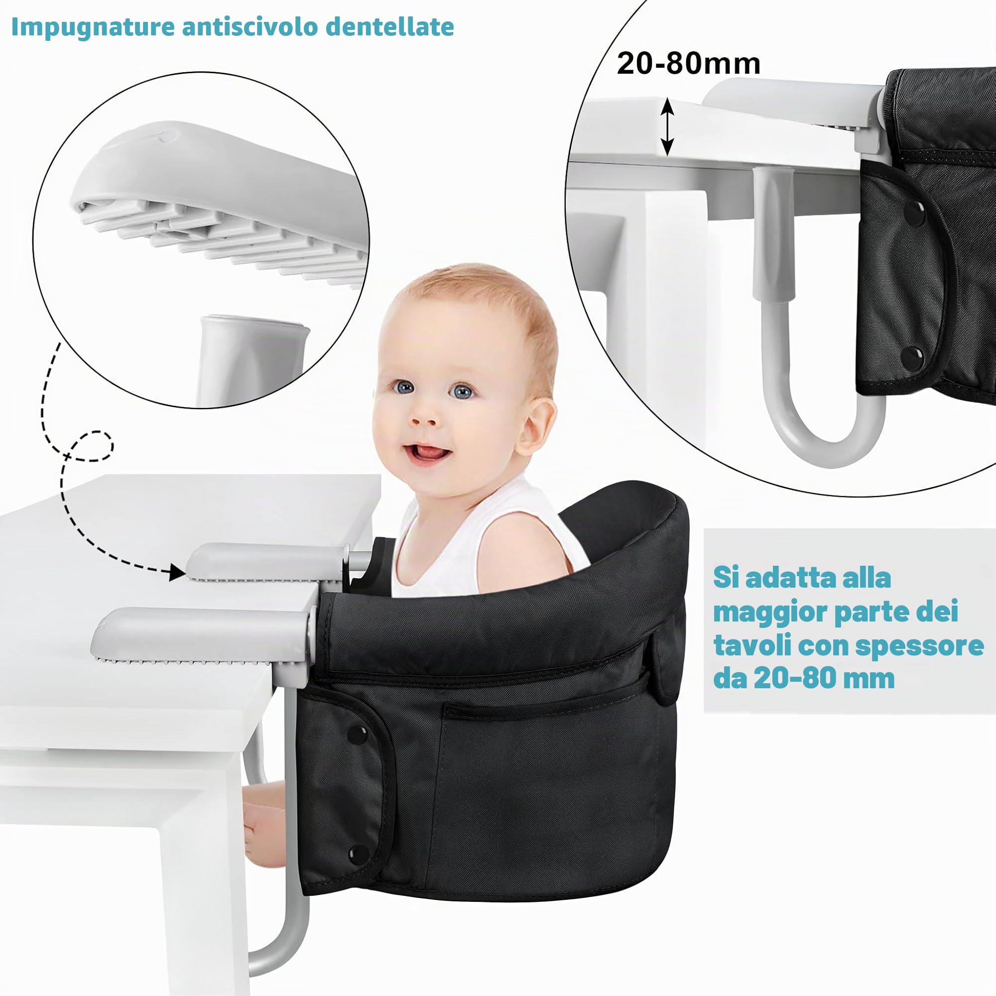 UISEBRT Seggiolino da tavolo pieghevole per bambini, con morsetti antiscivolo e cintura di sicurezza, per la casa e il viaggio, colore nero