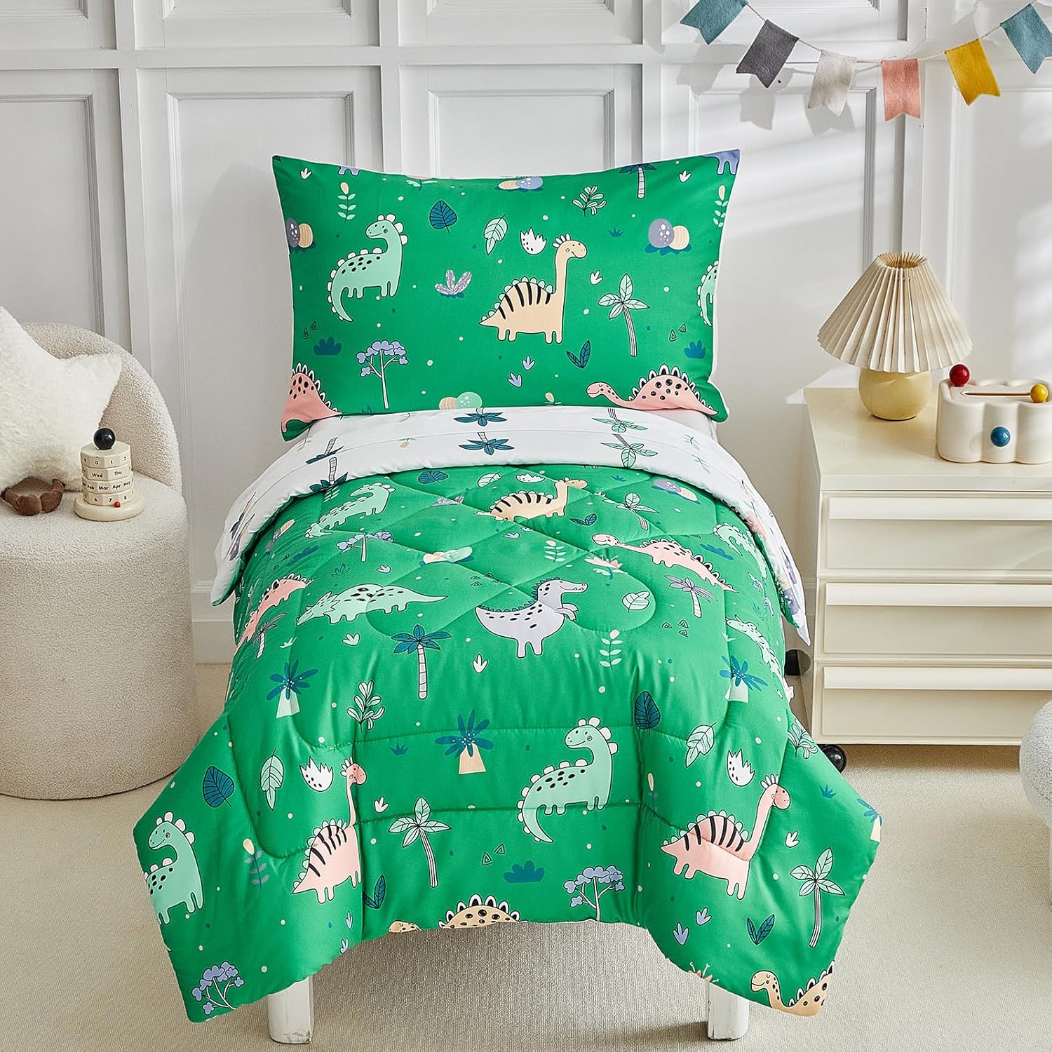 DuShow Dinosaur Toddler Bedding Set for Boys, 4 Pieces Soft Crib Bed Set Including Comforter, Fitted Sheet, Flat Top Sheet and Pillowcase-Green