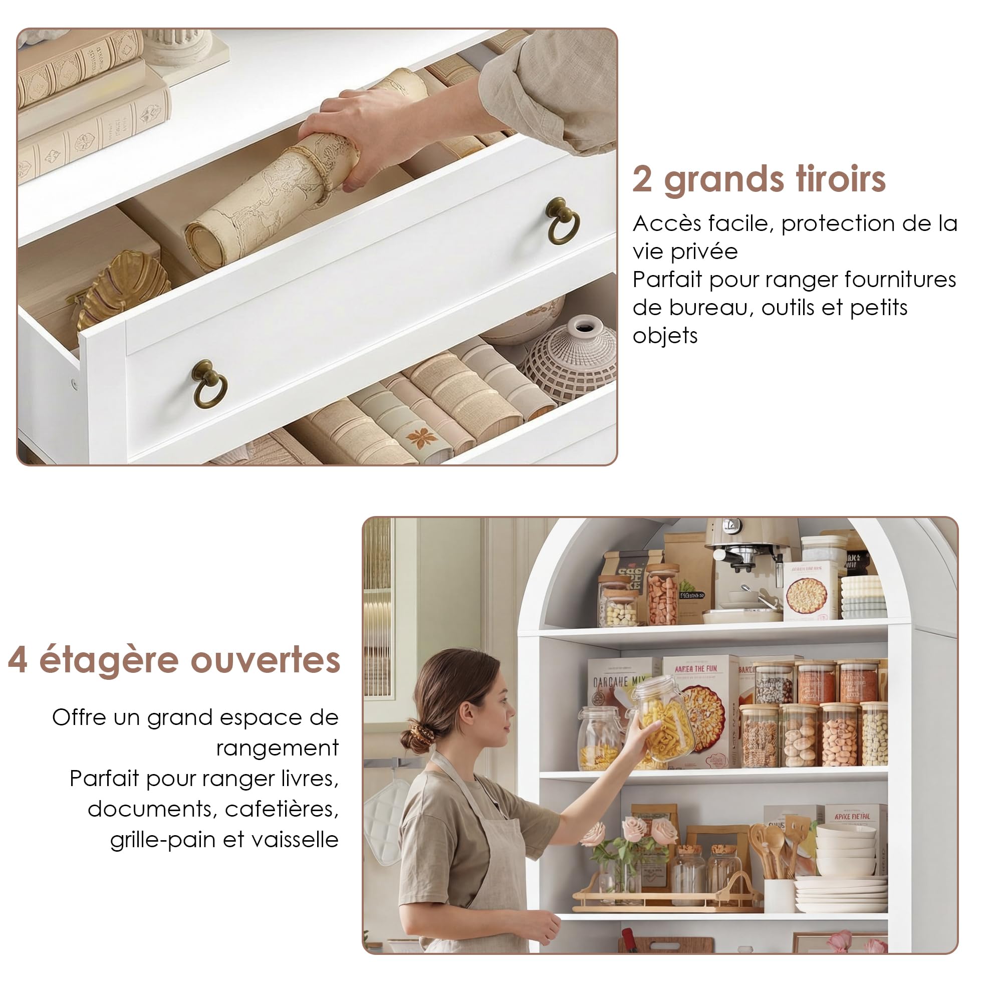 FirFurd Bibliotheque Meuble de Rangment avec 2 Tiroir 4 Etagère Arche Blanc | 177x79,5x36cm, Bibliotheque livre en forme d'arc, Bibliothèques étagere rangement pour salon bureau, cuisine, apt, Classique