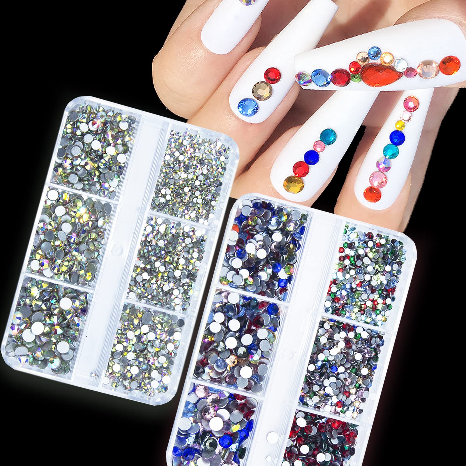 4000Pcs Mixed Color AB Nail Rhinestones Gems Crystals Glass Stones Colorful AB Round Beads Multi Sizes Nail Rhinestones Gems for Nail DIY Crafts Clothes Shoes Jewelry