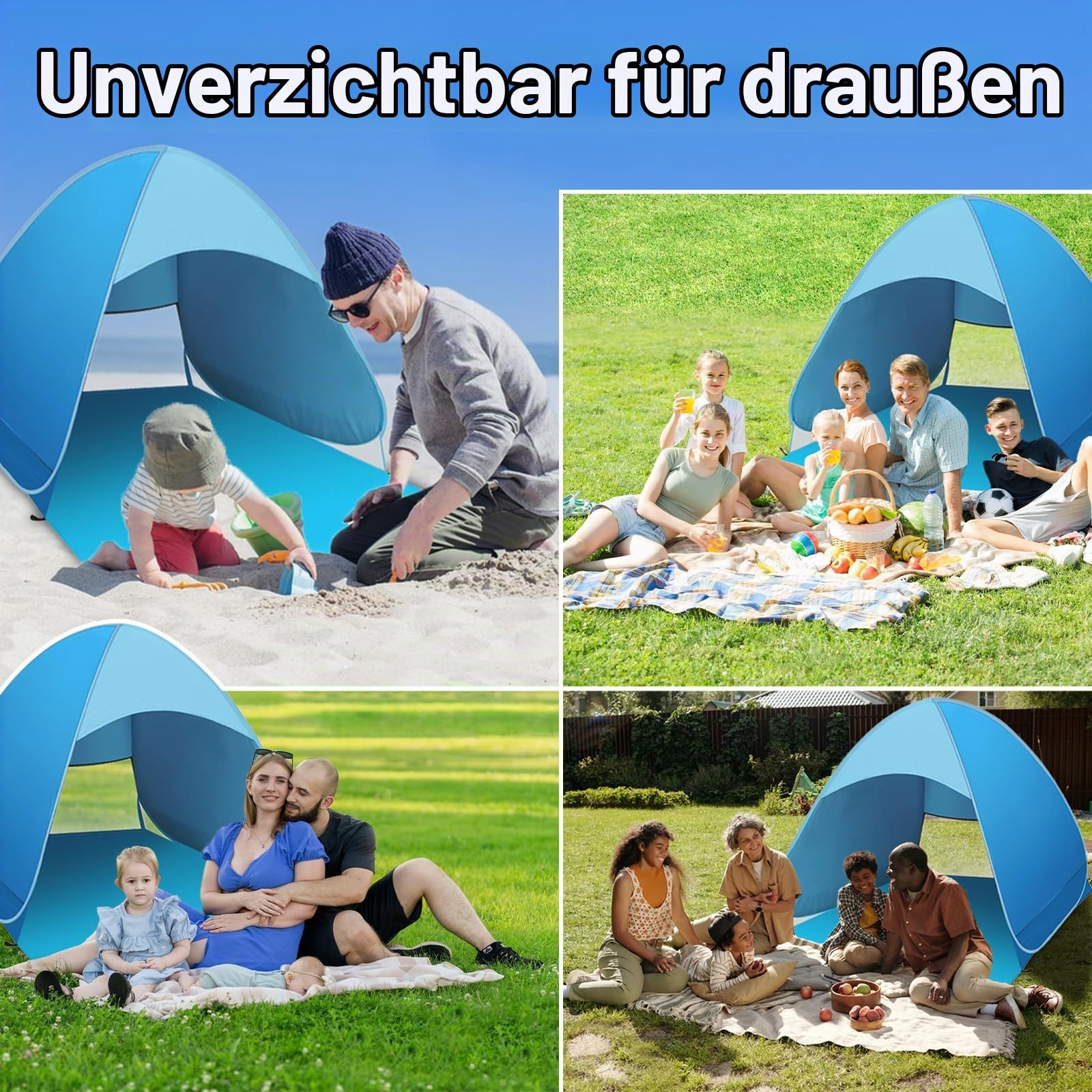 Strandmuschel Pop Up, Tragbares Automatisches Wasserdichtes Schattenzelt, UPF 50+ Strandzelt für 1-3 Persone, Pop-up Wasserdicht tragbar Wurfzelt, Beach Zelt für Camping Garten Strand