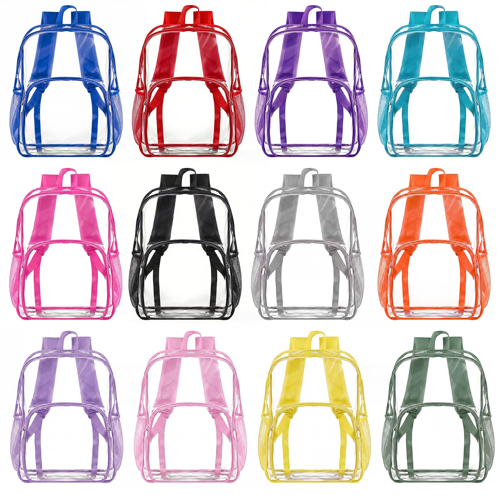 Amylove 12 Pcs Clear Backpack bulk for Stadium Events Heavy Duty PVC Transparent Bookbag for College Workplace Security (15 Inches,12 Colors)