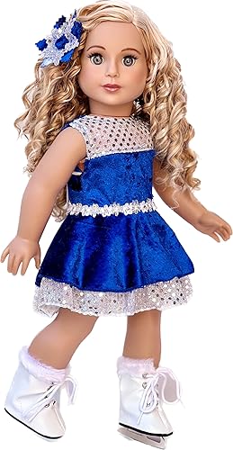 Ice Dancer - Traje de patinaje sobre hielo para muñeca de 18 pulgadas, leotardo azul con falda doble azul y plateada con volantes, flor decorativa y