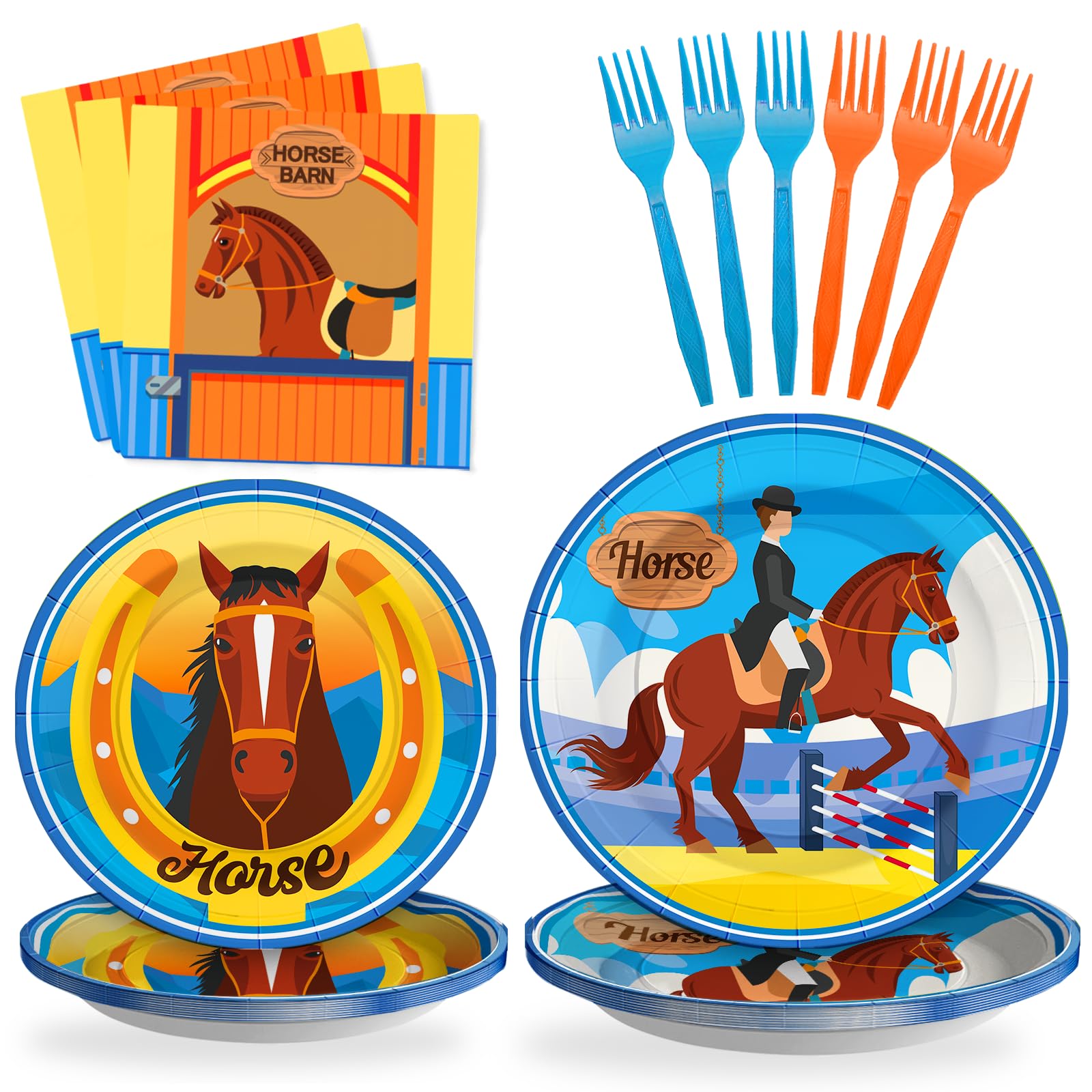 SCIONE 96PCS Horse Party Plates and Napkins Party Supplies, Horse Theme Party Decorations Tableware Set for Boys Birthday Baby Shower Serves 24