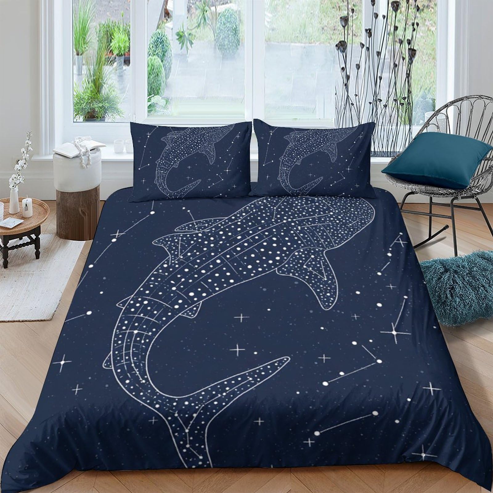 TUFRTGYHN 3D Printed Whale Shark Duvet Cover Set Microfiber Navy Blue Ocean Star Pattern Bedding for Bedroom Decoration, 2 Pillowcases Single（135x200cm）