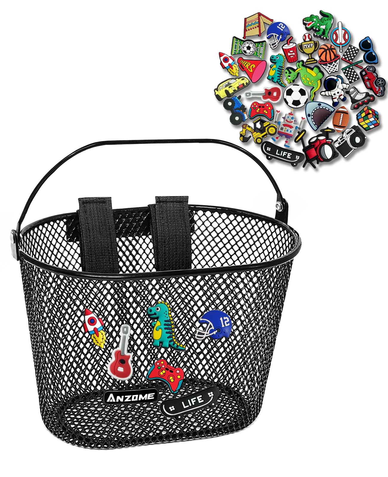 ANZOME Kids Bike Basket, Bicycle Basket for Boy and Girl, Waterproof Metal Wire Children's Bicycle Basket, Suitable for Most Children's Bicycles and Kids Tricycles