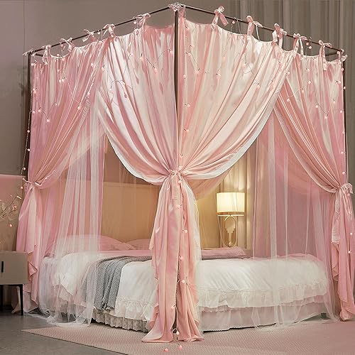 Miniatura 4 de Cortina de princesa de 4 esquinas, toldo de cama de doble capa, acogedora mosquitera de malla y tela para niñas y adultos, decoración de dormitorio