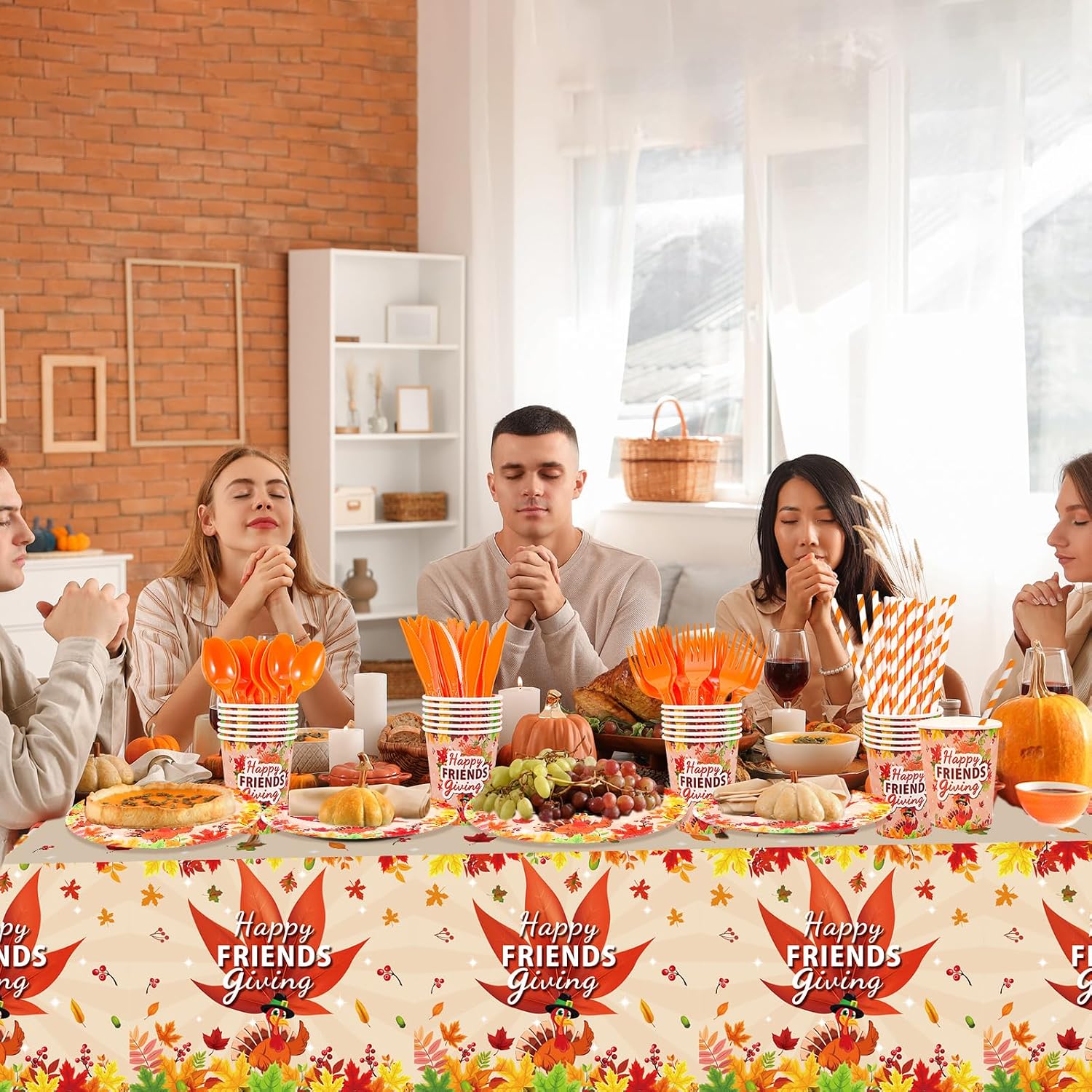 HOWAF 113 Friendsgiving Tableware Set,Give Thanks Party Dinnerware Set- Paper Plates, Cup, Napkins, Knife, Fork and Straw, Friends Thanksgiving Dinnerware for 16 Guests Turkey Day Supplies