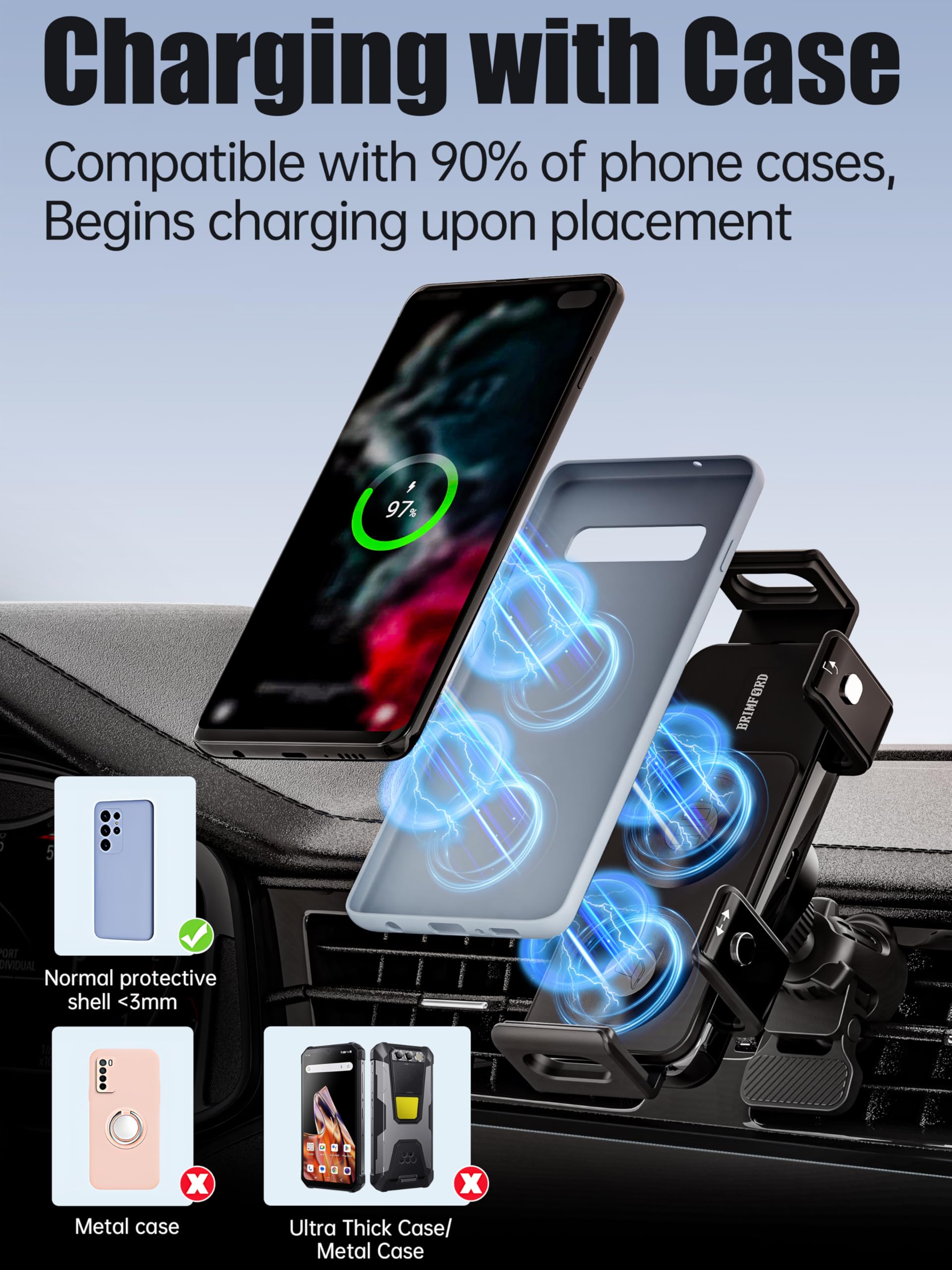 Support de téléphone pour voiture à double bobine, chargeur sans fil voiture QI 15W, compatible avec Samsung Galaxy Z Fold/Flip 6/5/4/3, Support de capteur de téléphone portable pour Google 8a/9 pro/9