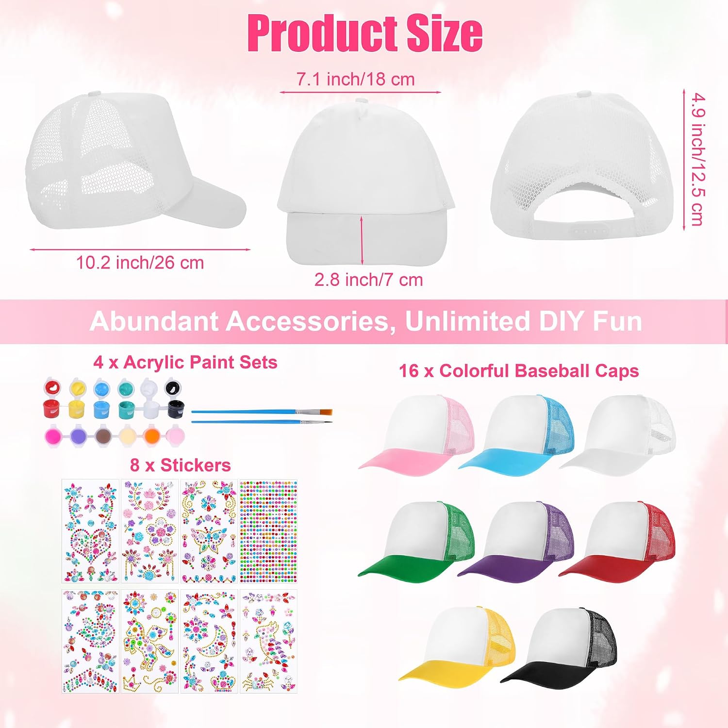 Aneco 16 Packs DIY Baseball Caps Hats, Adjustable Sport Ball Caps, Multicolor Creative Painting Baseball Cap with Acrylic Paint Strips and Brushes, Stickers for Outdoor Sports, Camp, Summer, Birthday