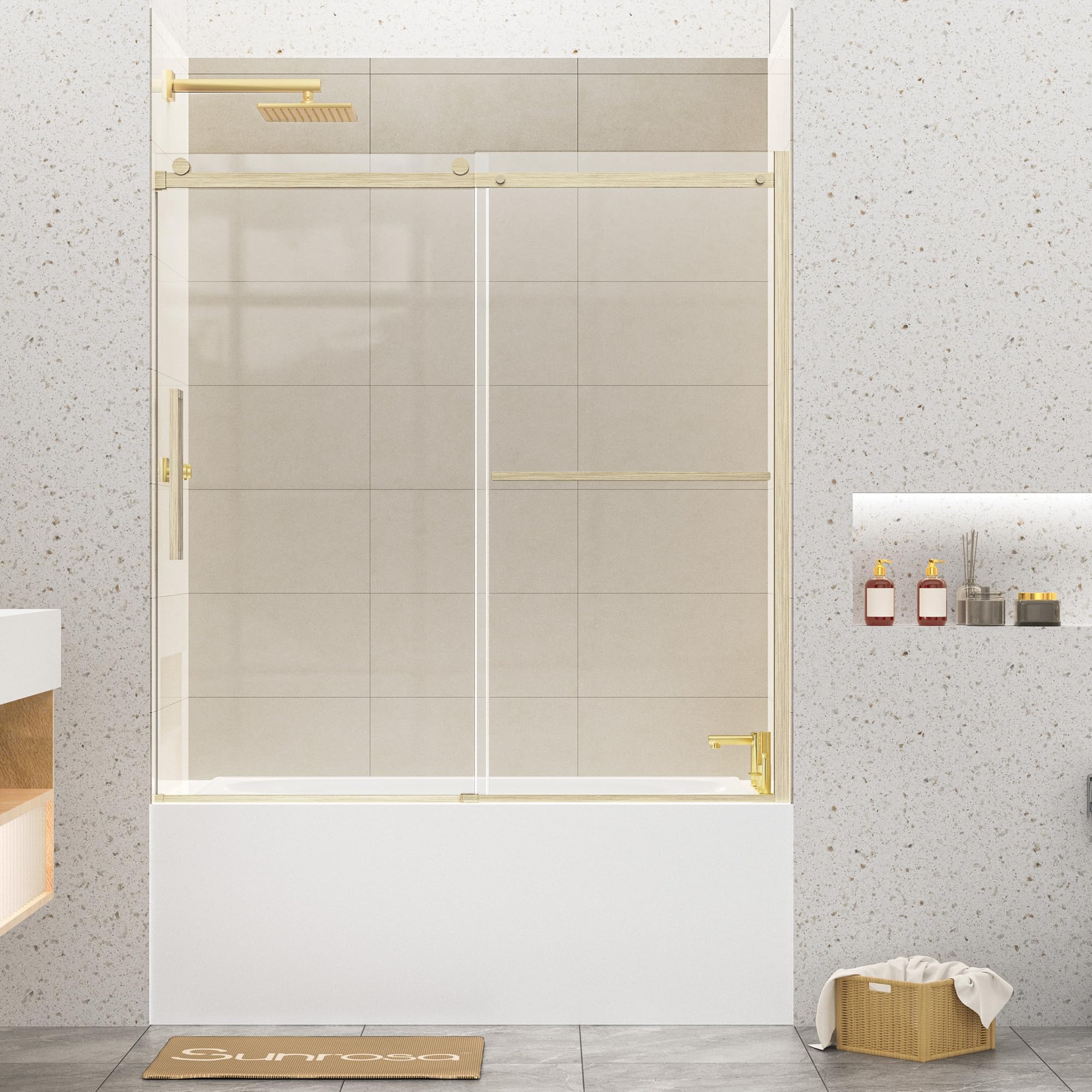 Sunrosa Bathtub Shower Doors 60"×60", Single Sliding Bathtub Door, Bath Tub Shower Door with Tempered Glass, Shower Glass Door for Bathtub in Brushed Gold I