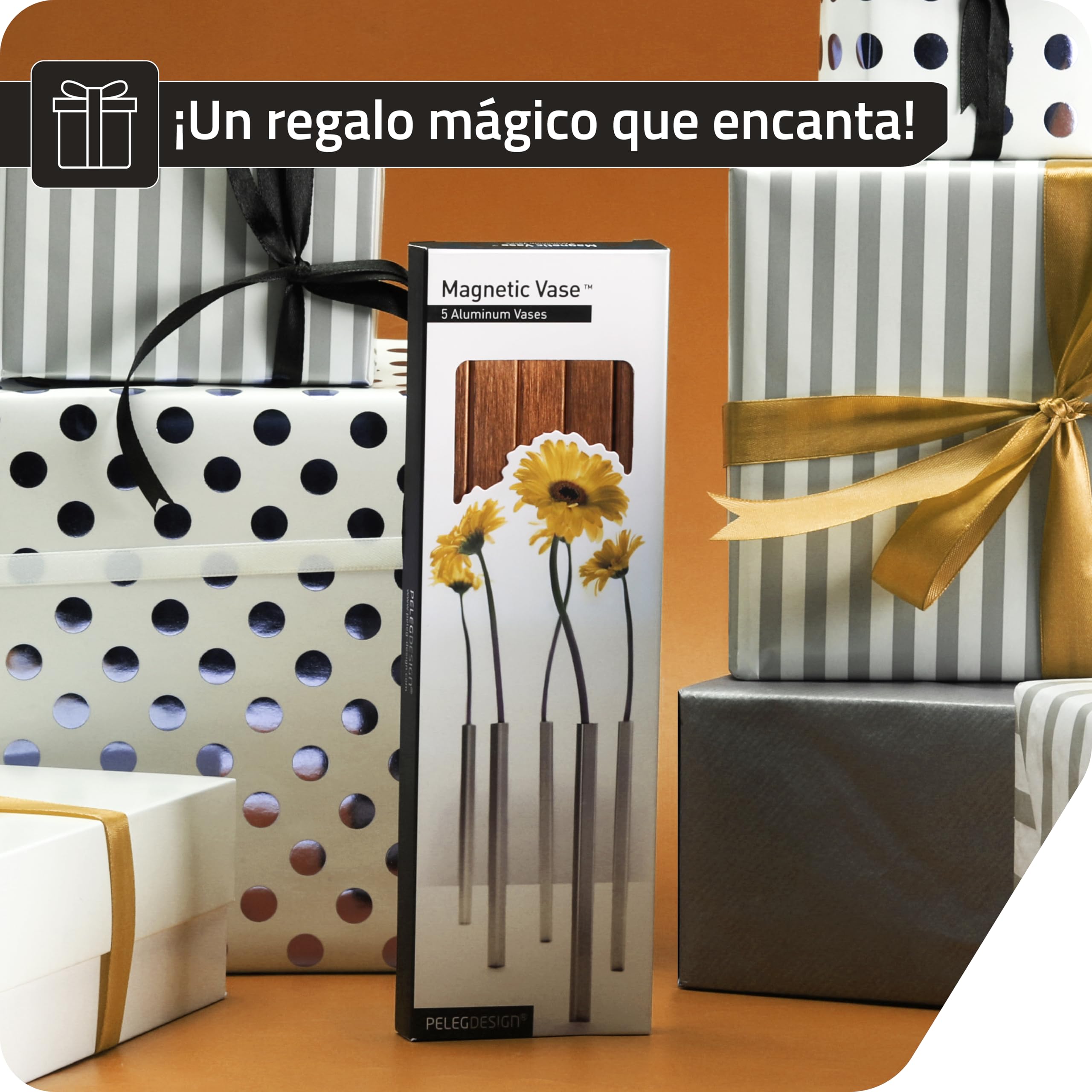 Peleg Design – Set de 5 Jarrones Magnéticos Dorados de Aluminio, Decoración Moderna para Hogar y Jardín, Ideal para Flores Reales o Artificiales (Dorado)