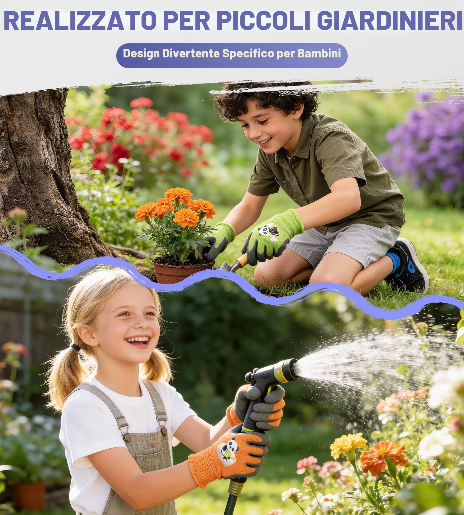 Mr. Panda 3 Paia Guanti da Giardinaggio per Bambini 2–4 Anni, Delicati sulla Pelle, Guanti da Giardino Rivestiti in Gomma, Guanti da Lavoro, 3/XXXS