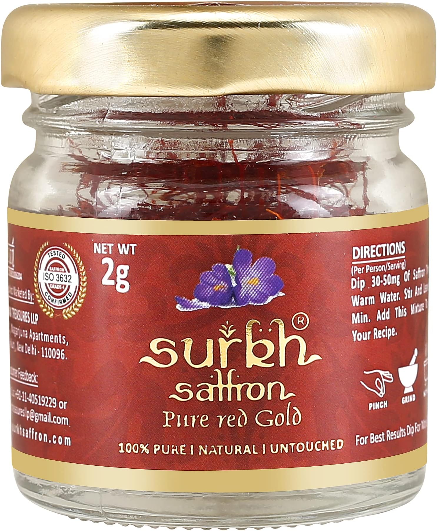 Surkh Saffron - 100% Pure, Natural I Premium Pack - A++ Grade I Untouched Original Saffron / Kesar- 2 Gram (Pack of 1)