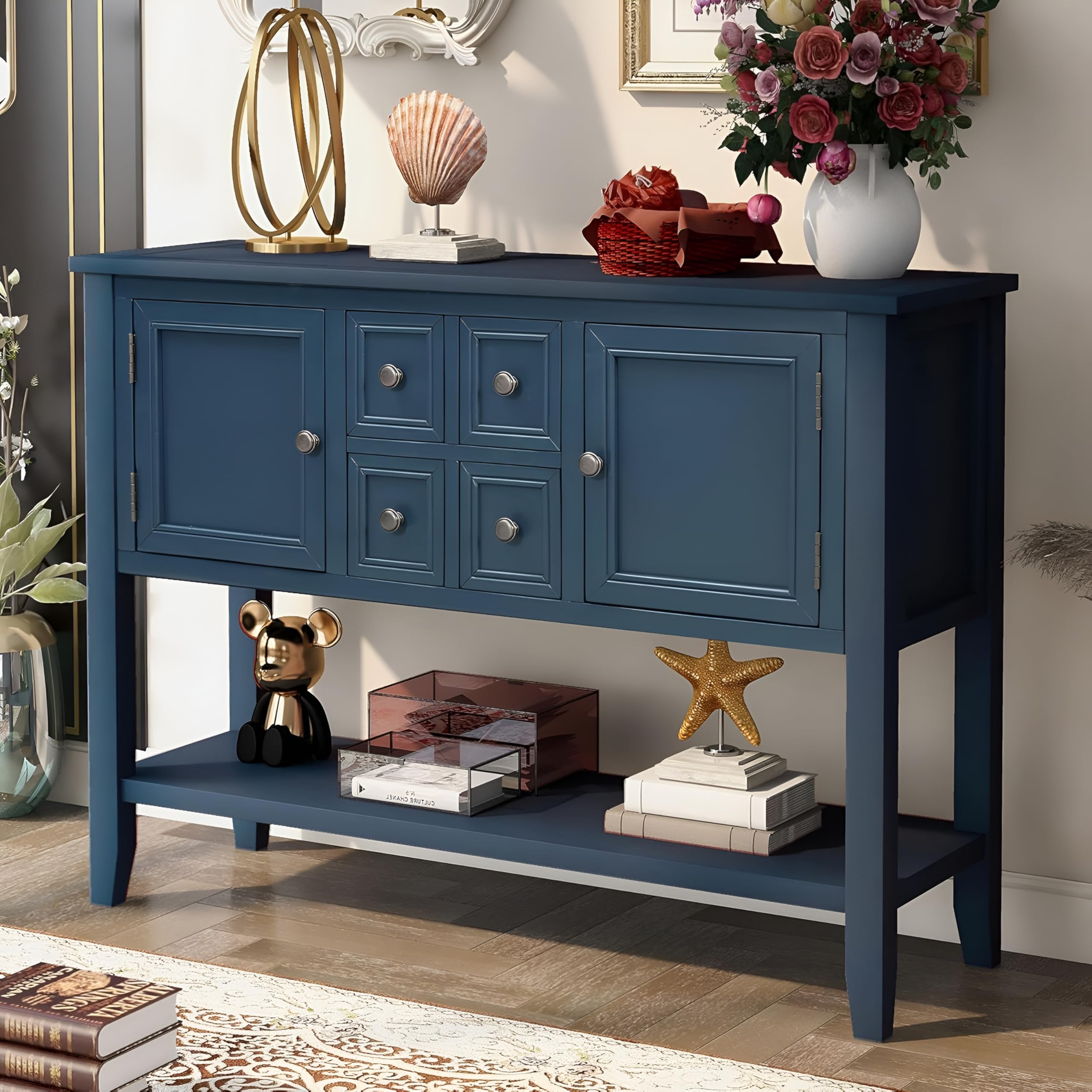 Buffet Console Table with 4 Drawers, 2 Cabinets and Bottom Shelf, Wooden Sideboard for Entryway and Living Room Storage Farmhouse Style, 46L x 15W x 34H Inches (Light Navy).-image-49