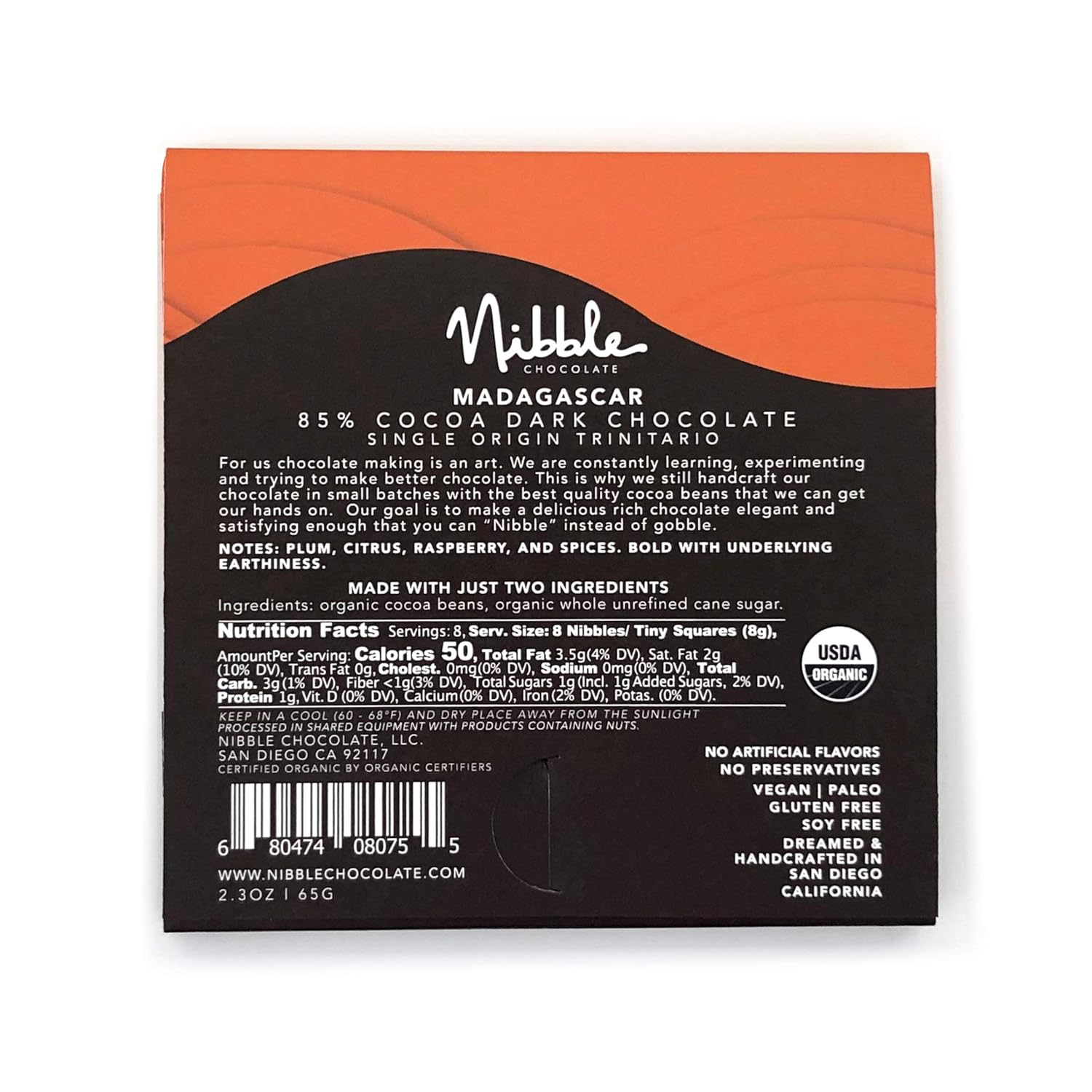 Nibble Chocolate Madagascar 85% | 3 Pack | Certified Organic | Vegan | 2 Ingredients | Gluten & Soy Free |