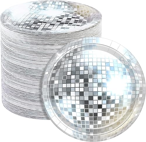 durony 150 platos de papel de bola de disco plateados, platos desechables de 9 pulgadas, platos de disco de los años 80 y 90 para discoteca,