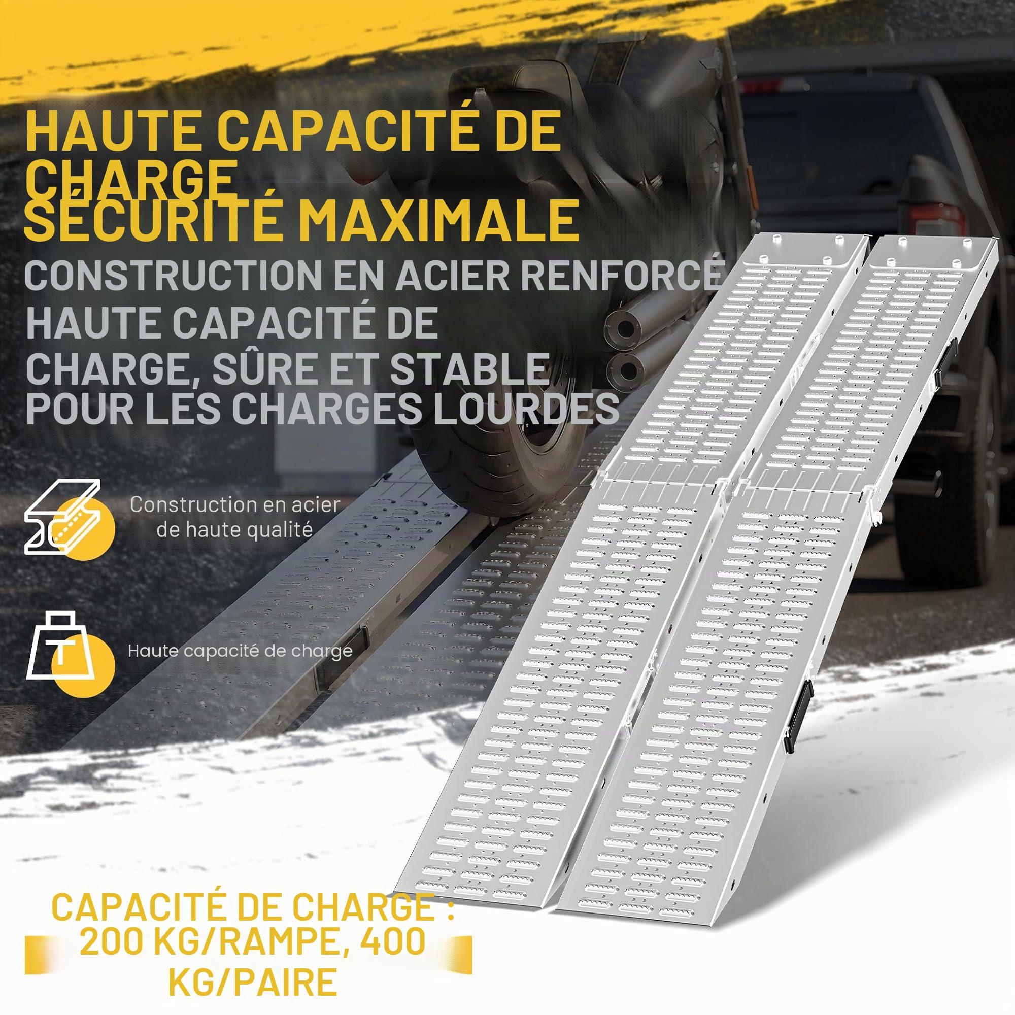 XMTECH Rampe de chargement pliable en acier galvanisé 400 kg/paire max - Rampes de chargement pour remorque, moto, caravane, voiture (2 pièces pliables-B) Argent