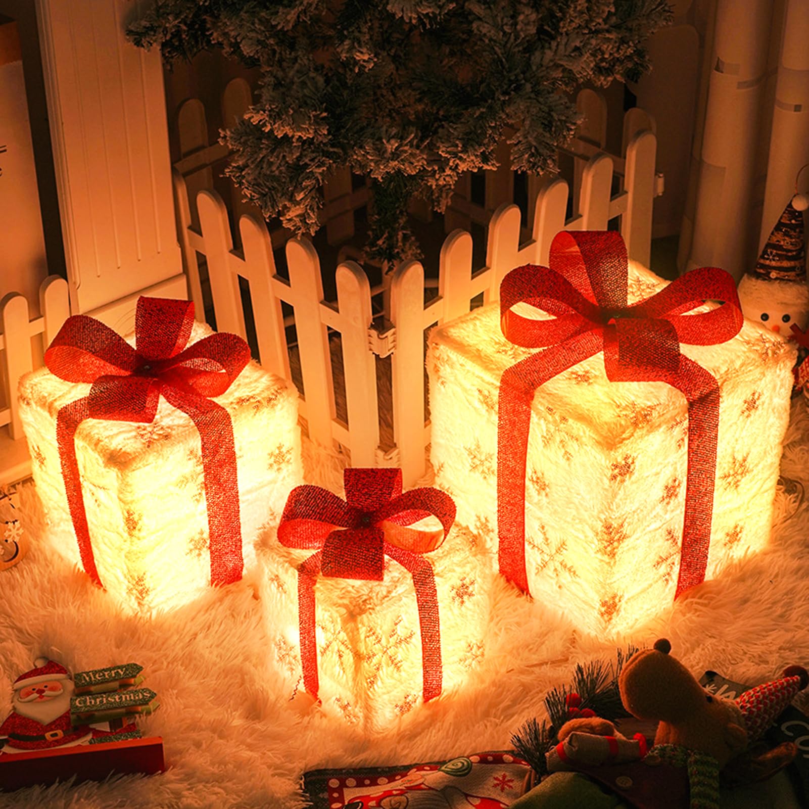 LED Geschenkboxen mit Timer und Fernbedienung 3er Set, LED Weihnachtsdeko, Weihnachtsbeleuchtung Außen Batterie, 8 Modi, Geschenke Weihnachten Deko,
