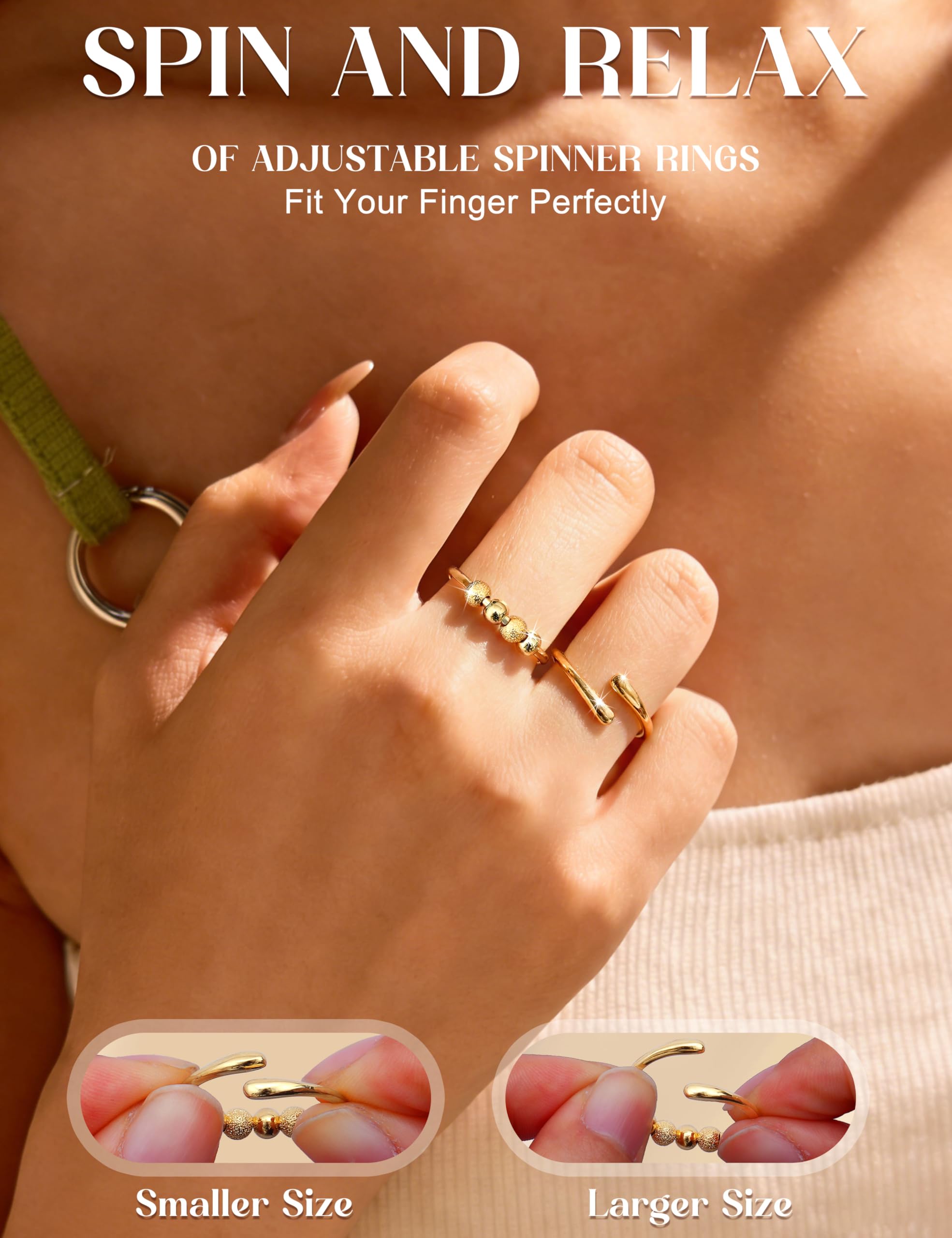 Feng Shui， Anillo antiestrés para Mujer de Plata de Ley 925, Anillo Ajustable para ansiedad con Cuentas, Anillos giratorios para ansiedad, niñas, Oro, Plata, Anillos para aliviar el estrés, Regalos