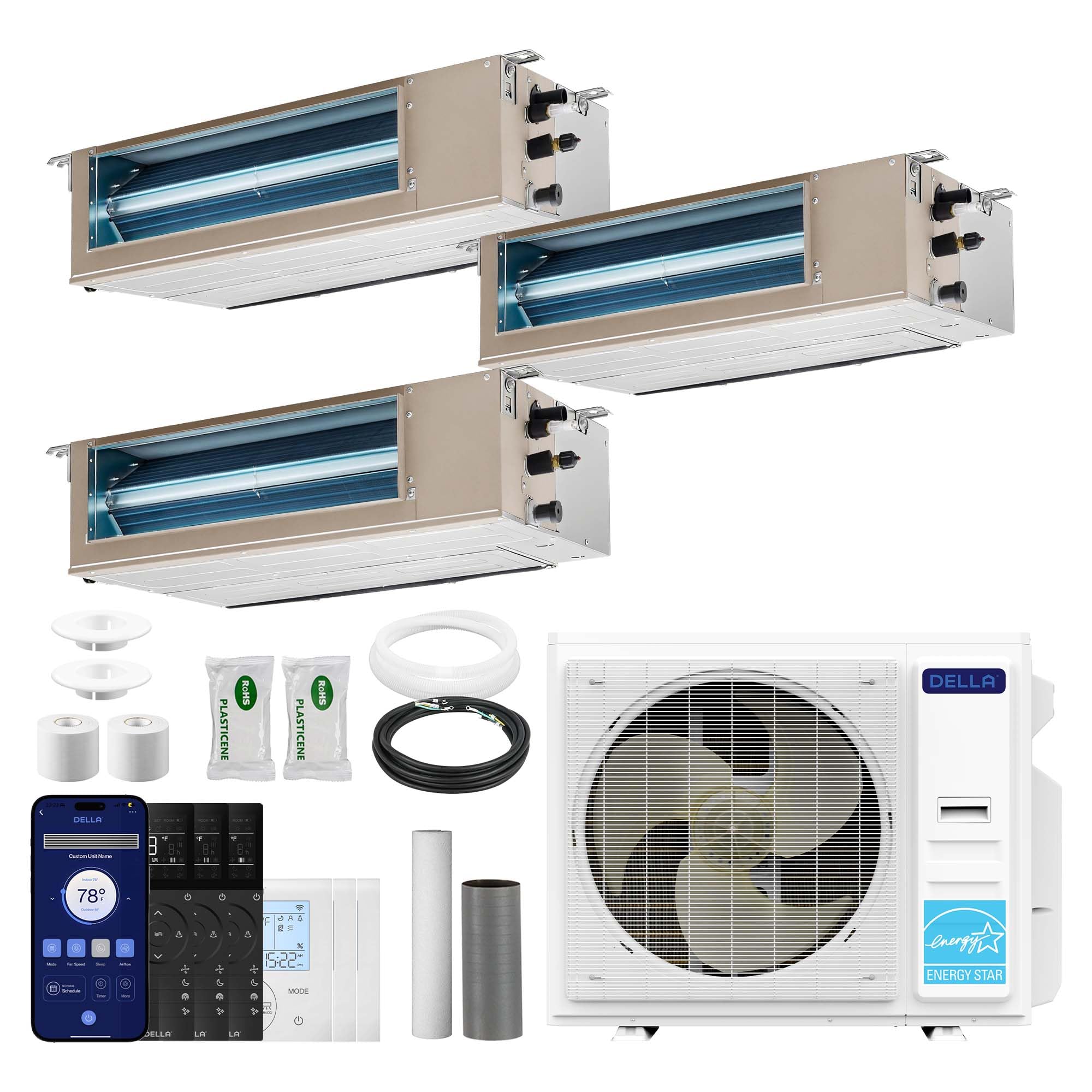 DELLA 41K BTU 3 Zone (12K+2×18K BTU) Concealed Ducted Mini Split AC