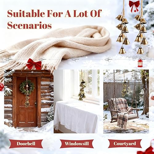 Miniatura 5 de 2 campanas de bruja de bronce de 16.5 pulgadas para manija de puerta, cinturón protector, 8 campanas de cuerda de cáñamo, campanas de Navidad hechas