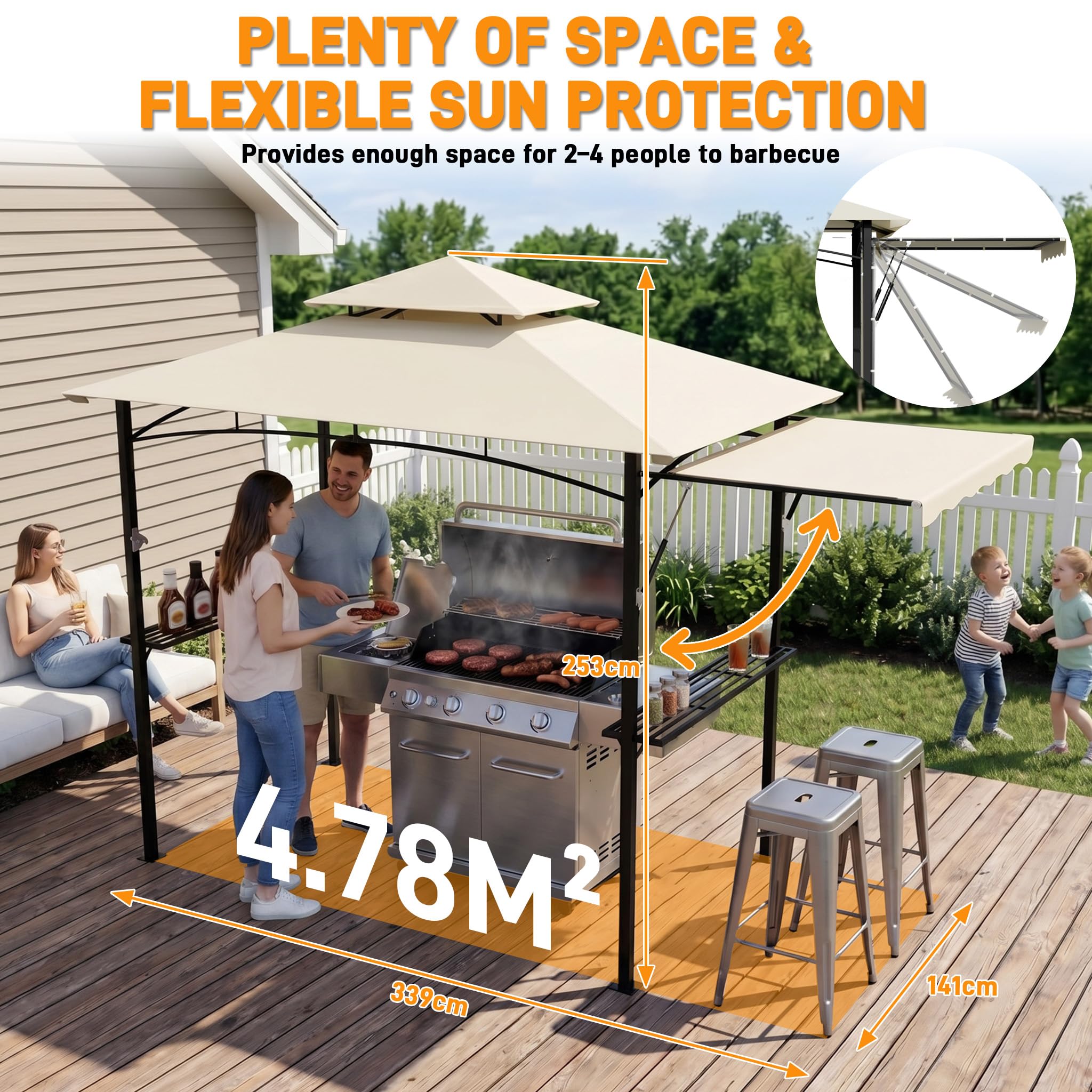 UISEBRT Tonnelle pour barbecue avec store latéral extensible, abri de barbecue avec 2 étagères, crochets et décapsuleur, double toit résistant aux intempéries pour ventilation et évacuation de la