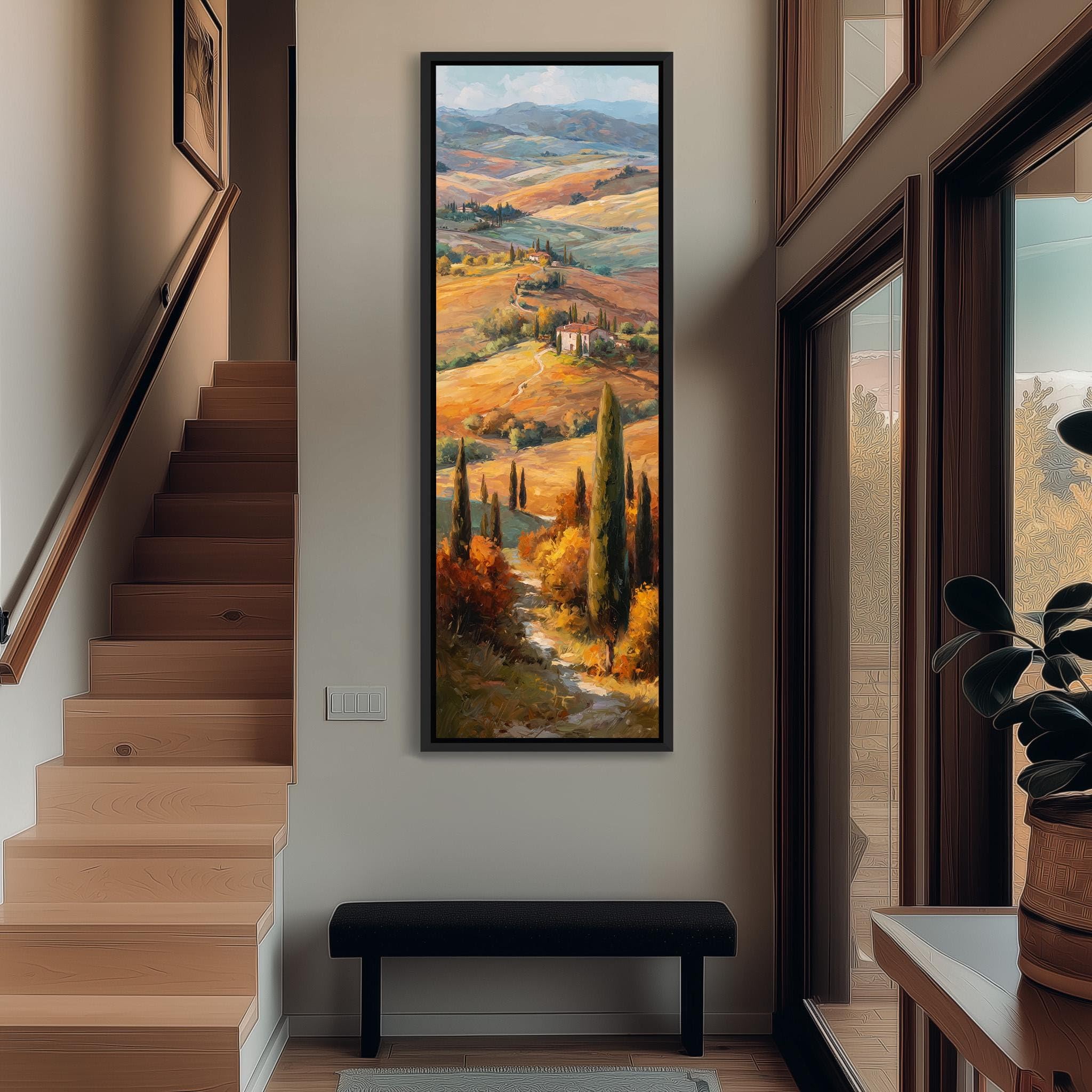 XINBAO Stampa artistica Colline ondulate, tela verticale alta, paesaggio impressionista con vigneti, decorazione mediterranea, dipinto di campagna (60x180 cm/cornice interna)