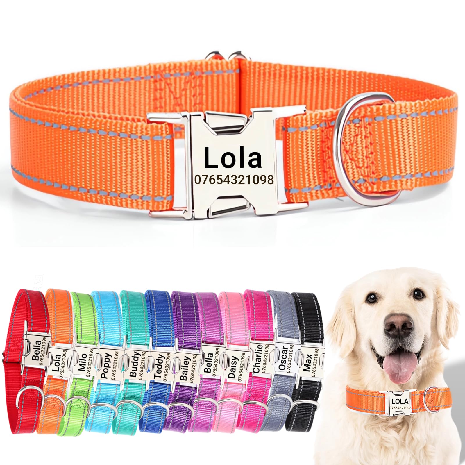 SEOUGEE Personalised Dog Collar with Engraved Metal Buckle, Reflective Nylon Collars for Small Medium Large Dogs with Custom Name Plate Phone Number (Orange, S:Neck 30-40cm,Width 1.5cm) — image 1