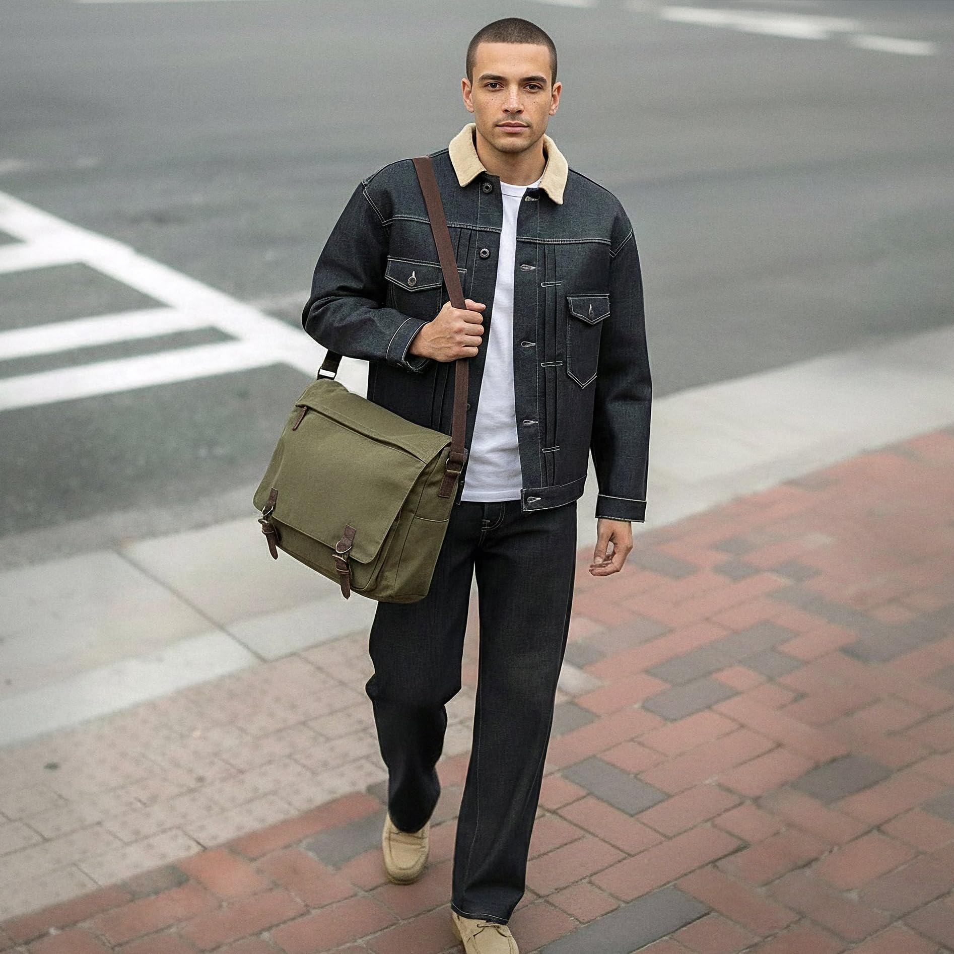 Trendhim Borsa a tracolla da uomo, in tela, leggera, con tracolla regolabile e tasche multiple, perfetta per lavoro, scuola e uso quotidiano