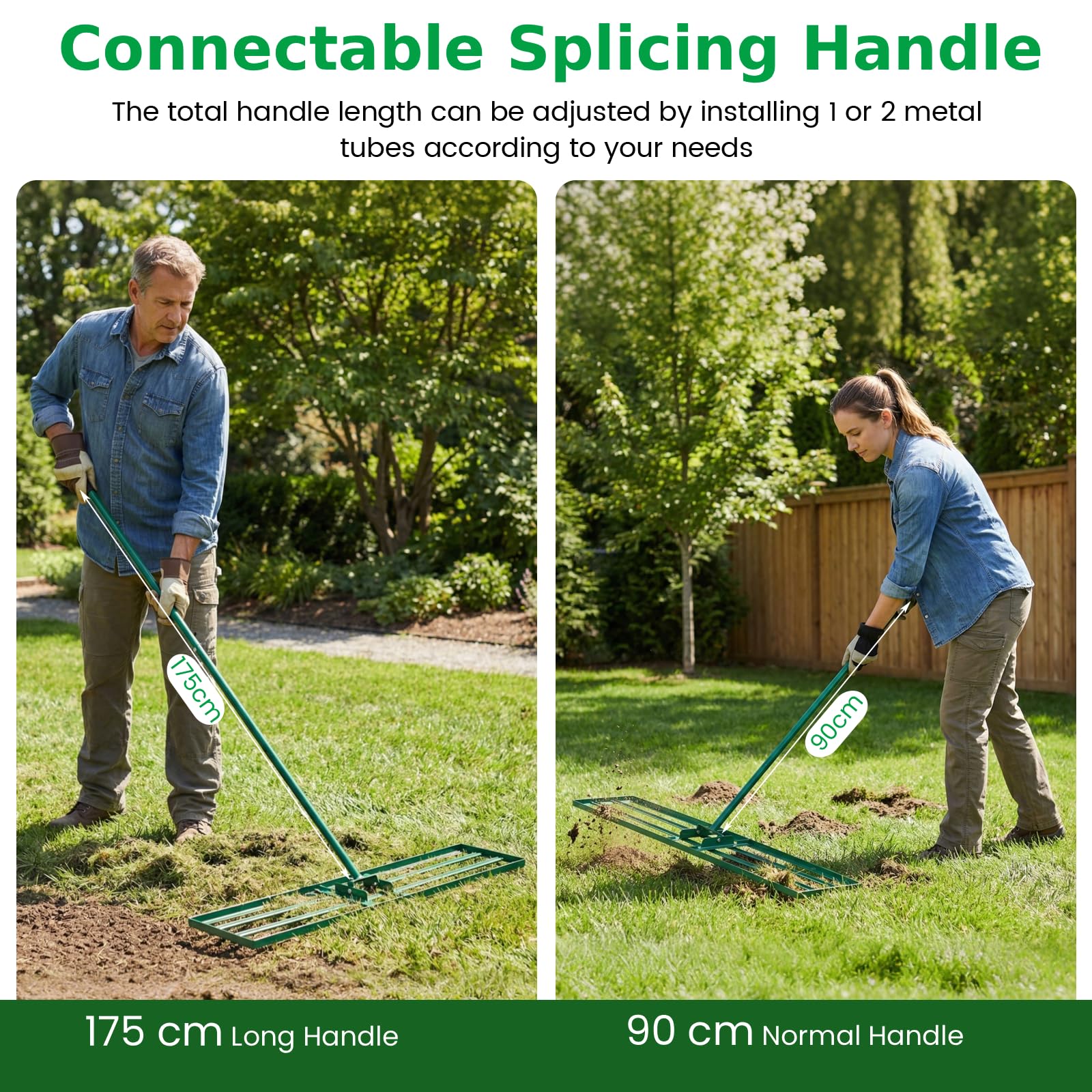 Livella per prato resistente, 76x25 cm, con manico regolabile da 85 a 195 cm, pieghevole, adatta a terreni come terra, sabbia e ghiaia. Design ergonomico per prati, campi da golf e giardini.