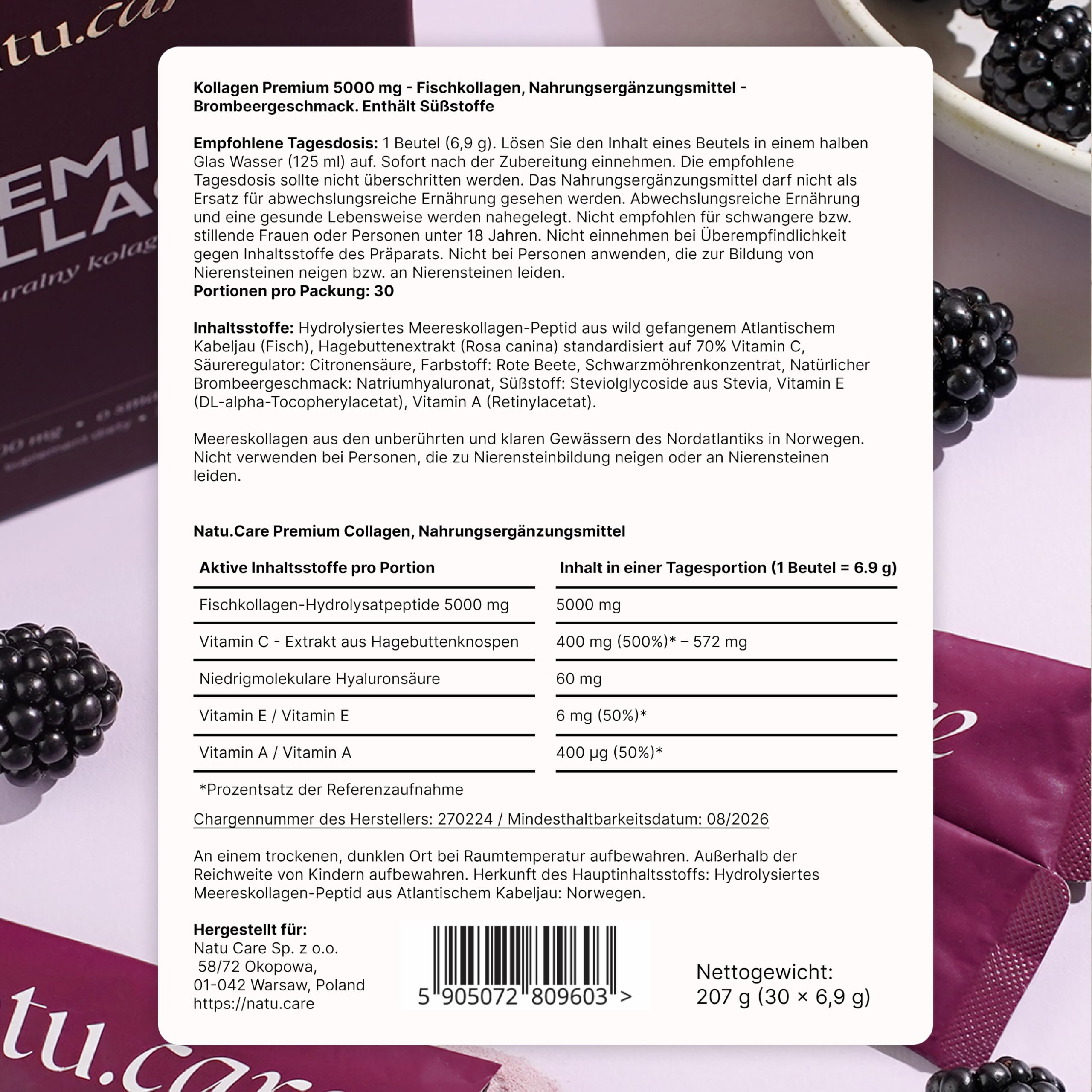 natu.care - Poudre de collagène naturelle 5000 mg - Poudre de collagène hydrolysate - Poudre de collagène marine avec vitamine C - Peptides de type 1 - Poudre de collagène haute dose pour la peau (30