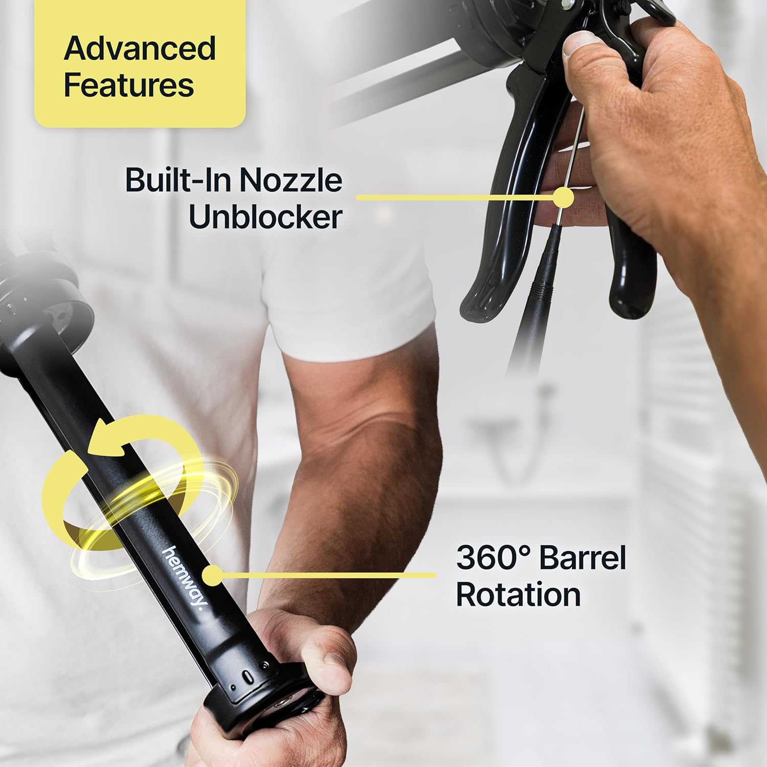 Sealant Caulk Gun & Profiling Tool 4 Piece Kit | Strong Caulking Gun for 310 ml / 10 oz Cartridge | Multi Edge Reusable Applicator Scrapers | Use with Caulk Mastic Silicone Sealant Adhesive | Hemway