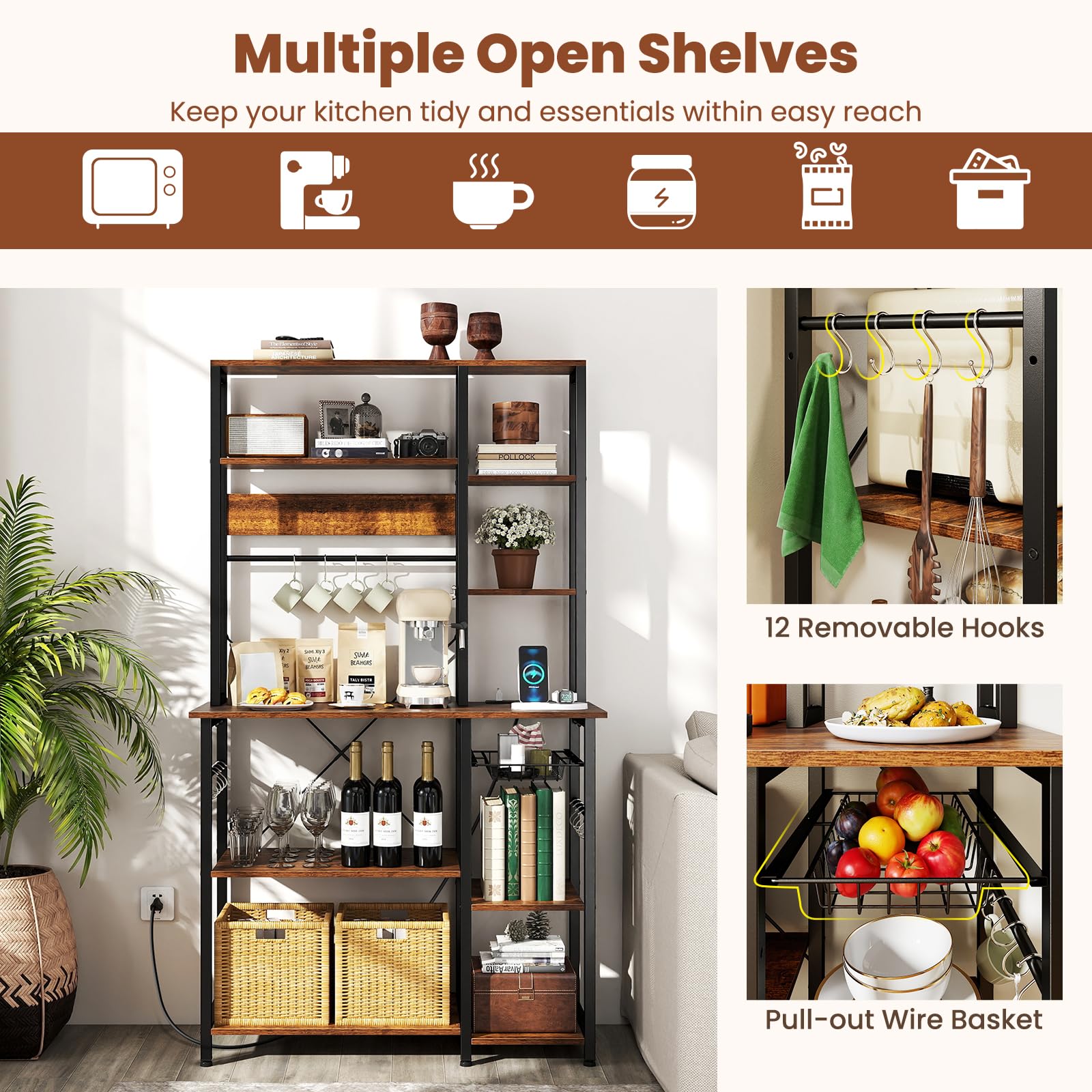 KOMFOTTEU Scaffale da Cucina con Stazione di Ricarica, Mobile Dispensa Cucina a 9 Livelli con 12 Ganci, Mensola Microonde Industriale, per Soggiorno, Sala da Pranzo, 99 x 40 x 170 cm