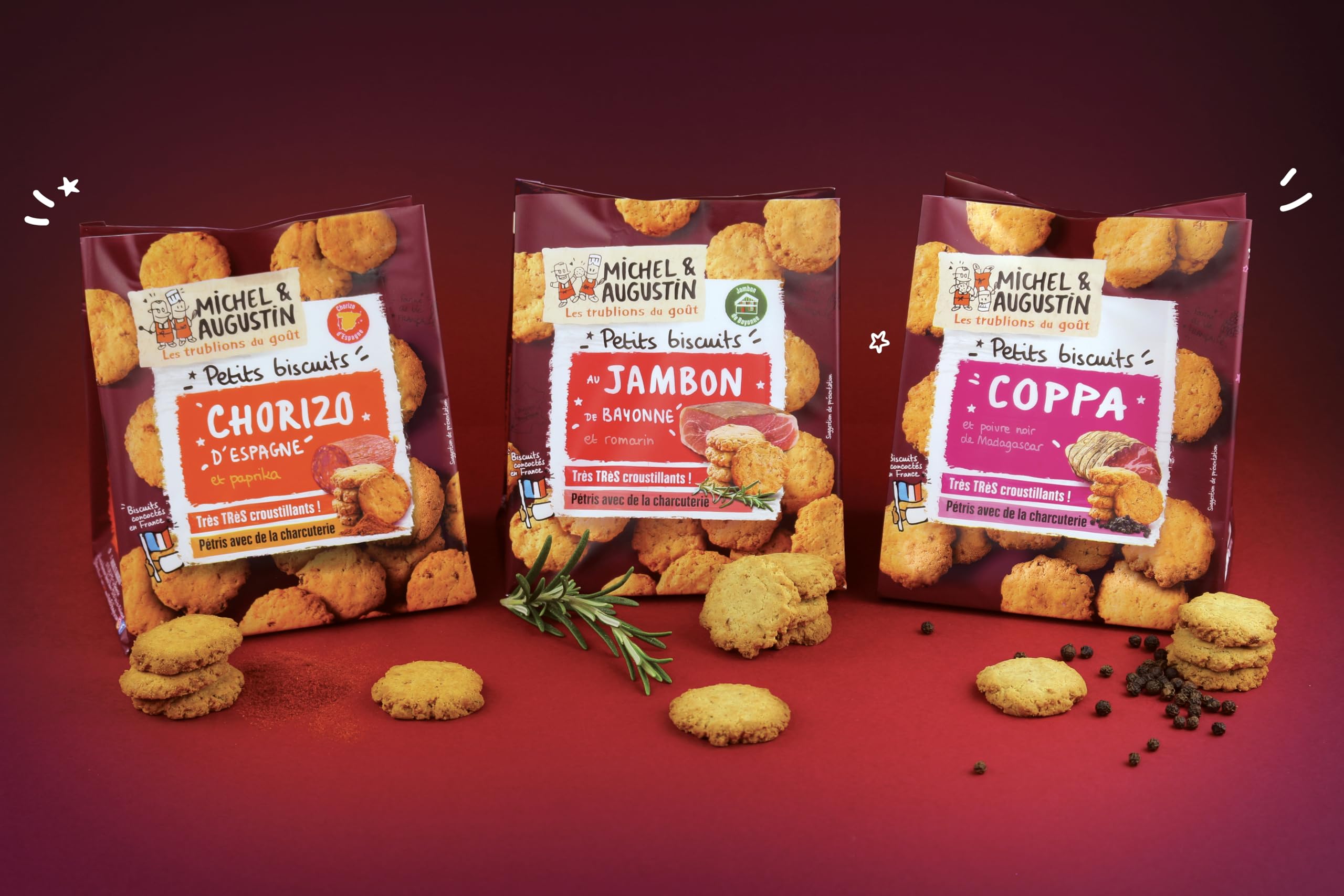 Michel & Augustin - Biscuits Apéritifs au Chorizo d'Espagne et au Paprika - Petits Biscuits Salés à la Charcuterie - 8 x 90g