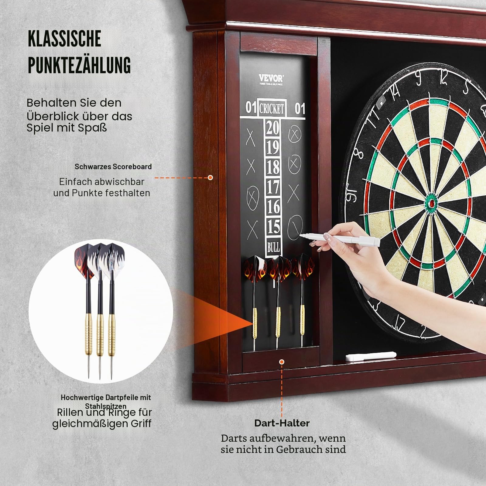 VEVOR Dartboard spielbereites Paket, Dartboard-Schrankset in offizieller Größe, Dartscheibe 45 x 3,8 cm, Dartschrank mit Stahlspitze, komplett mit sämtlichem Zubehör, für Cricket-Spiele